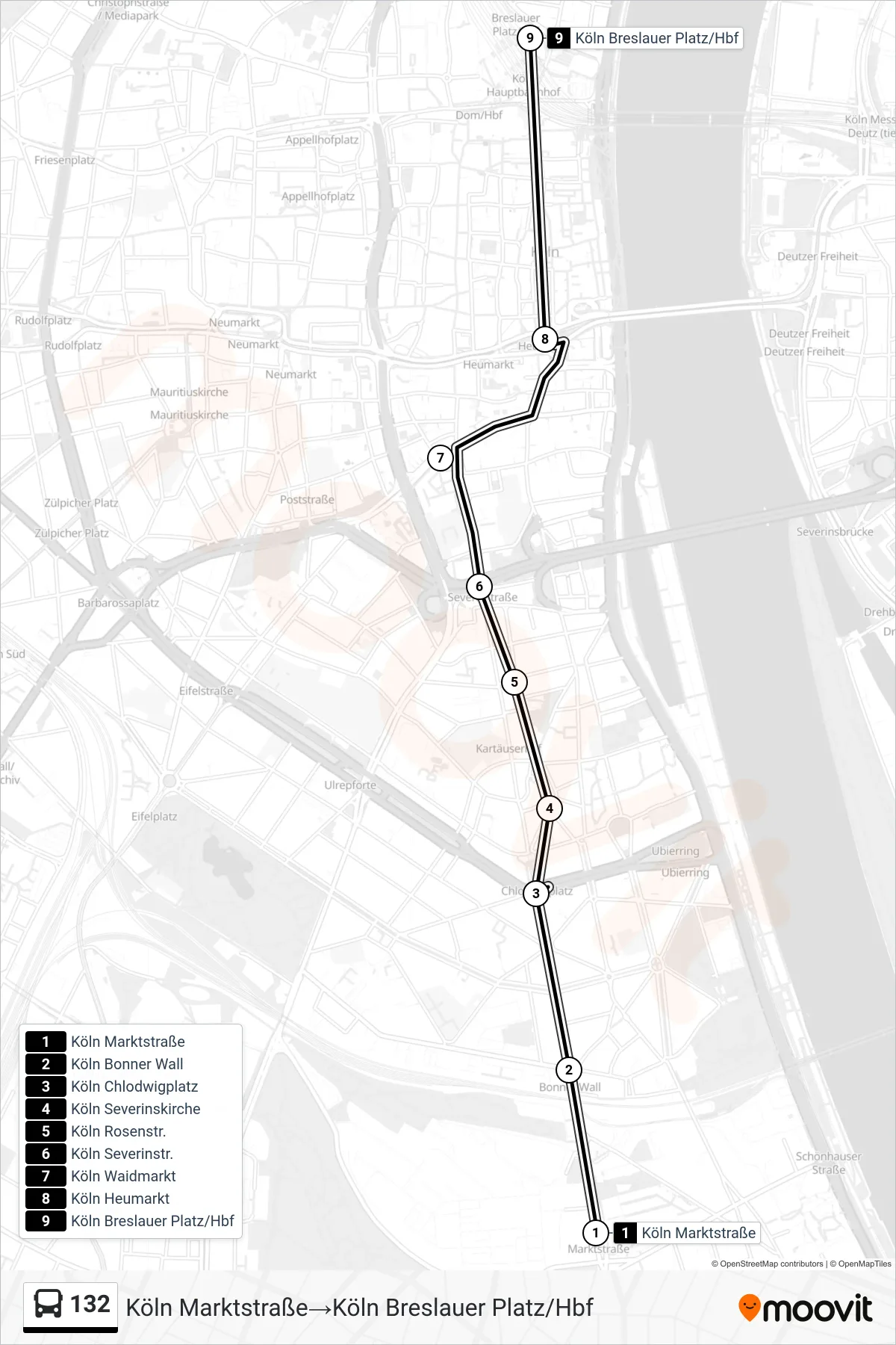Linie 132 (Bus) Richtung Köln Marktstraße‎→Köln Breslauer Platz/Hbf: Route und Haltestellen auf der Karte