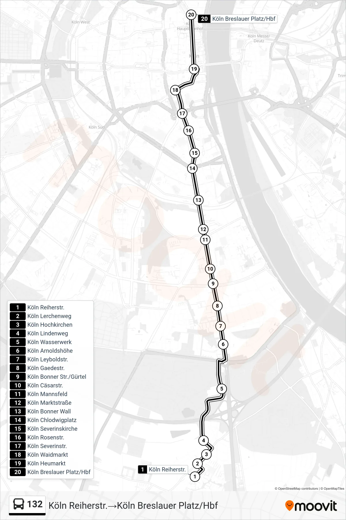Linie 132 (Bus) Richtung Köln Reiherstr.→Köln Breslauer Platz/Hbf: Route und Haltestellen auf der Karte