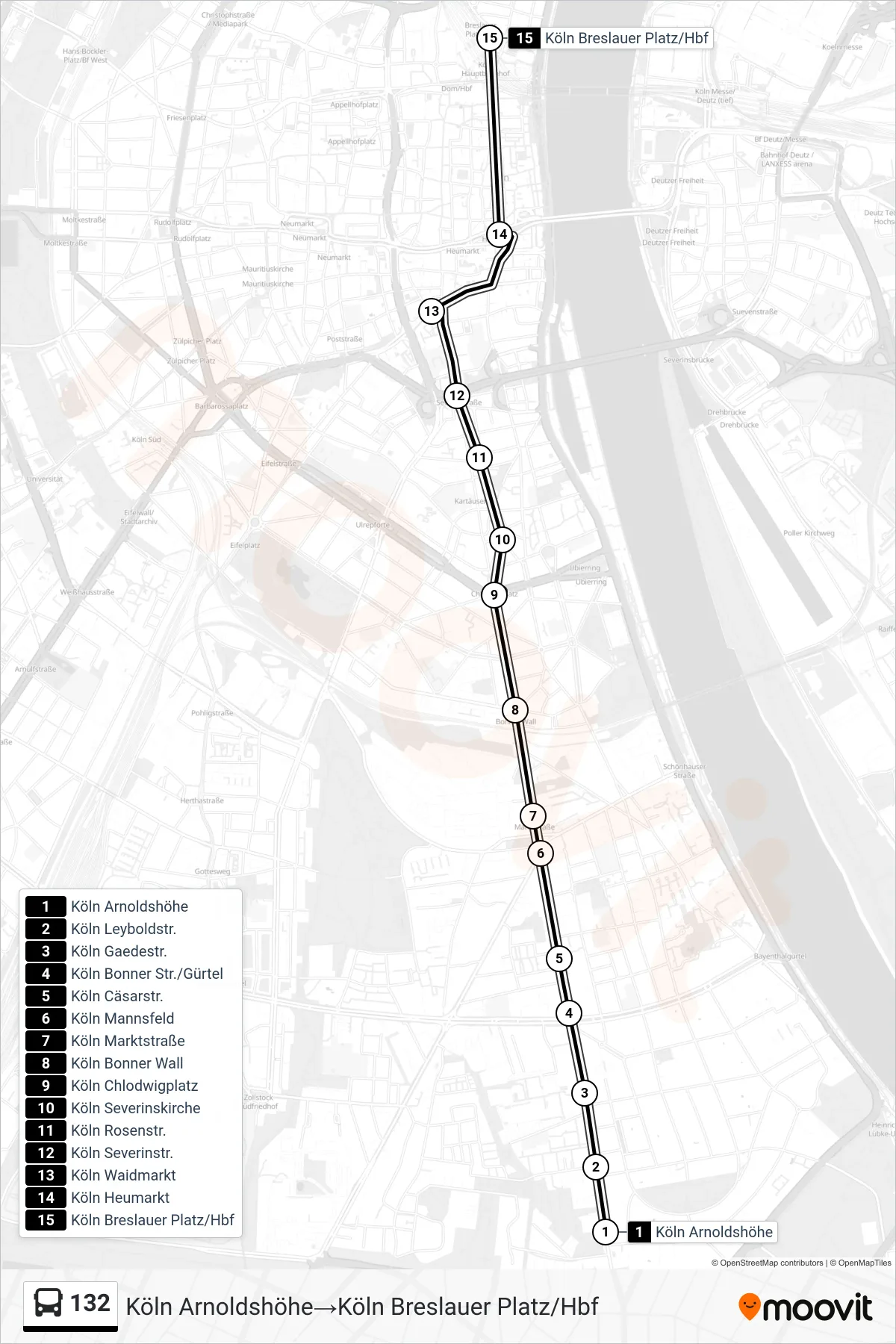 Linie 132 (Bus) Richtung Köln Arnoldshöhe→Köln Breslauer Platz/Hbf: Route und Haltestellen auf der Karte