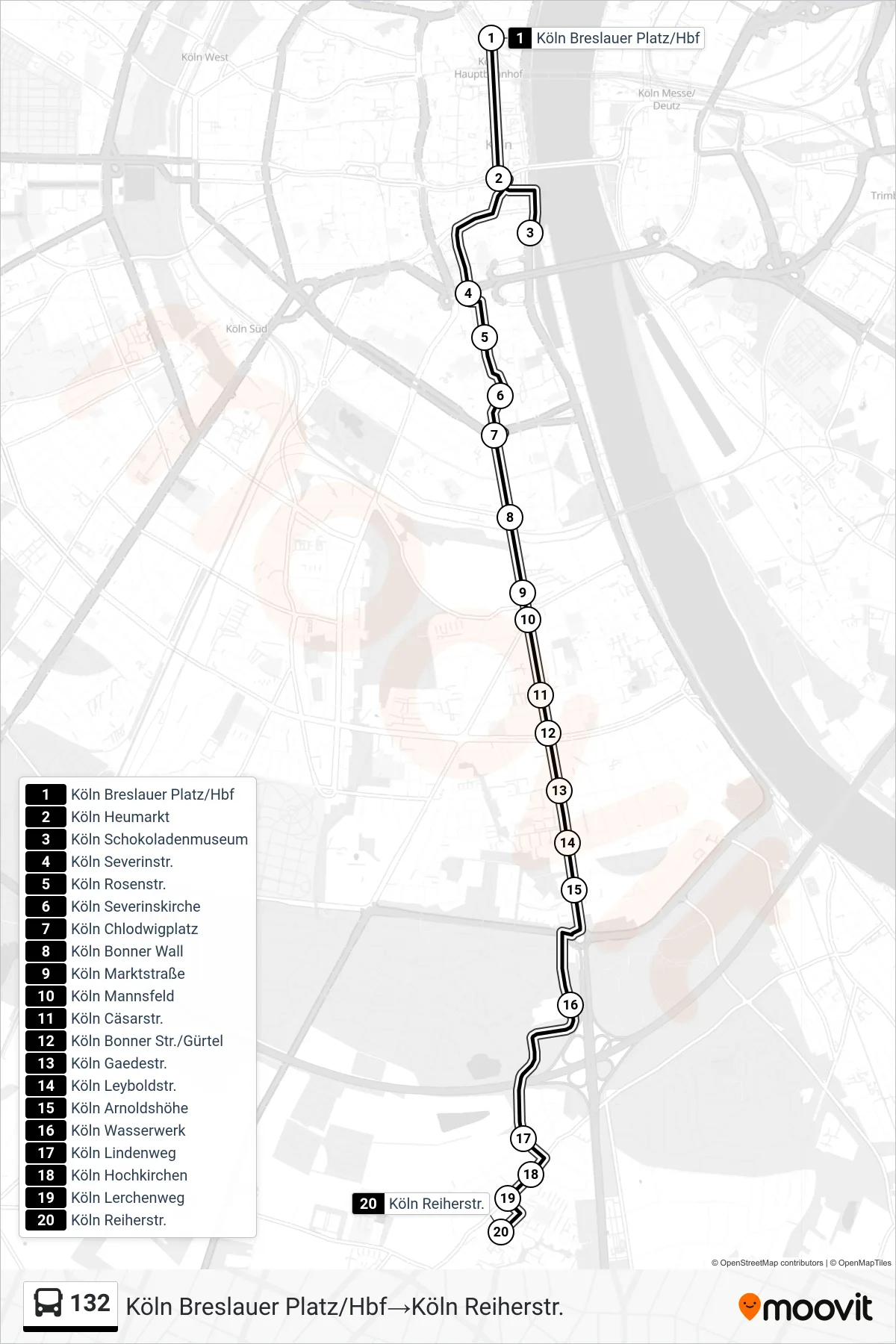 Linie 132 (Bus) Richtung Köln Breslauer Platz/Hbf→Köln Reiherstr.: Route und Haltestellen auf der Karte