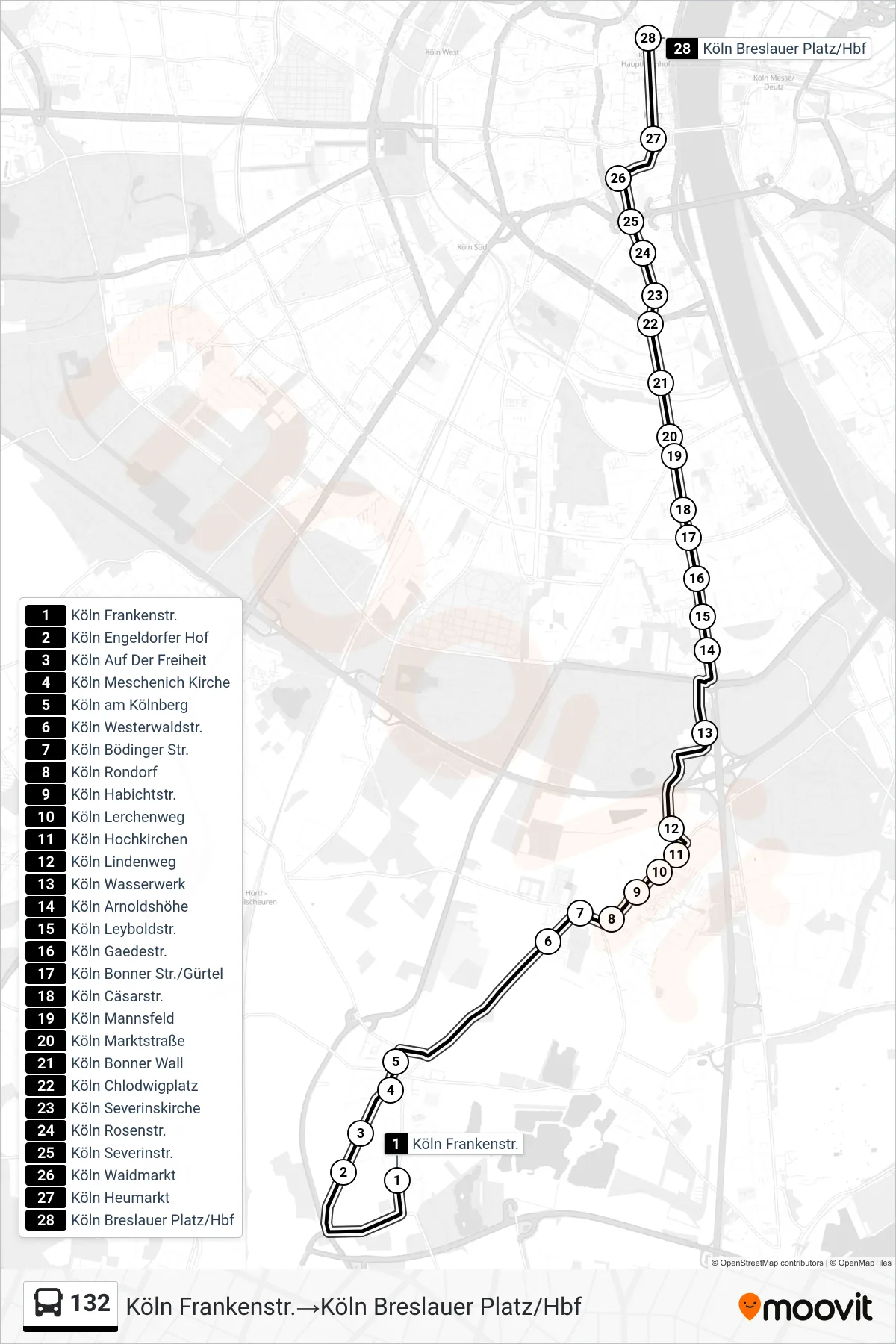 Linie 132 (Bus) Richtung Köln Frankenstr.→Köln Breslauer Platz/Hbf: Route und Haltestellen auf der Karte
