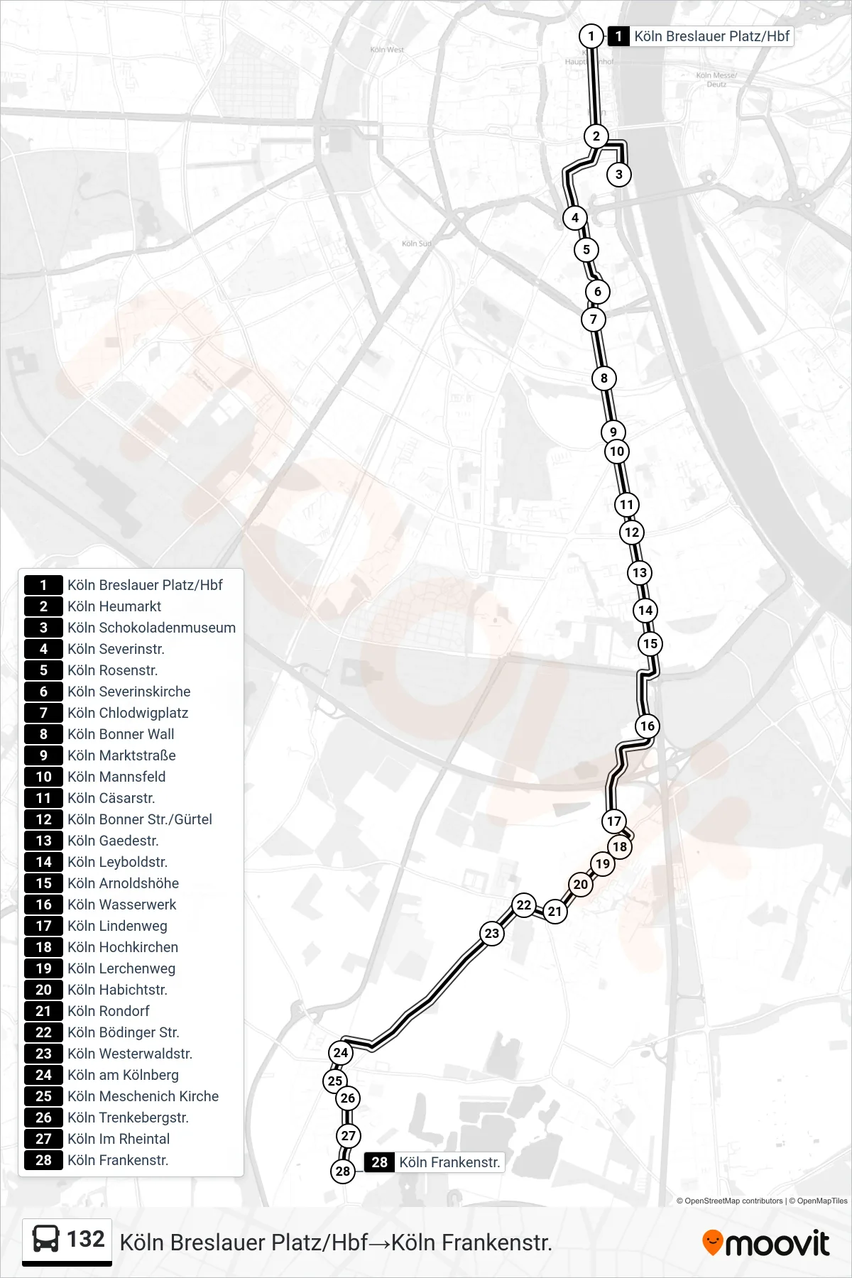 Linie 132 (Bus) Richtung Köln Breslauer Platz/Hbf→Köln Frankenstr.: Route und Haltestellen auf der Karte