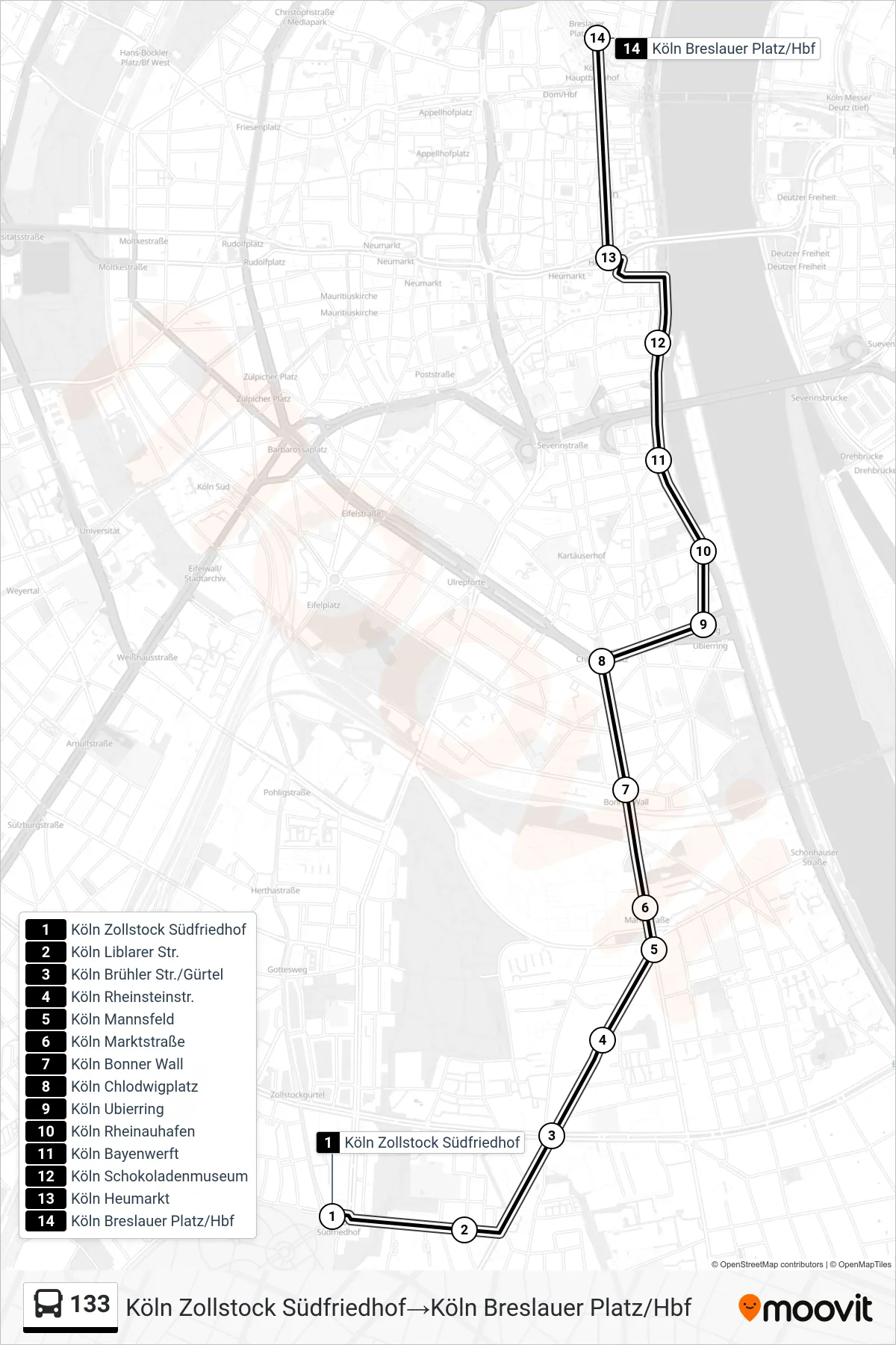 Linie 133 (Bus) Richtung Köln Zollstock Südfriedhof→Köln Breslauer Platz/Hbf: Route und Haltestellen auf der Karte