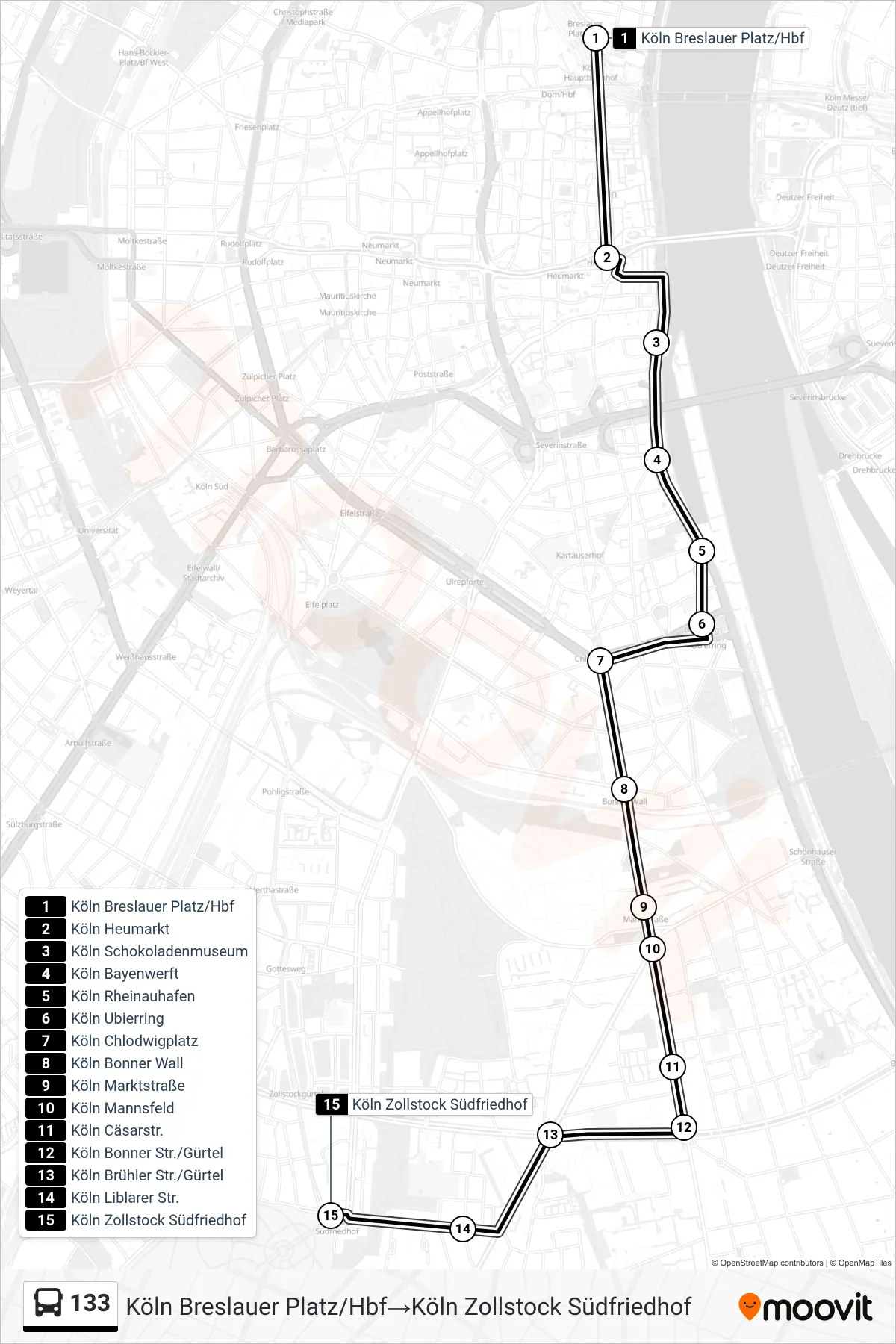 133 bus Line (Köln Breslauer Platz/Hbf‎→Köln Zollstock Südfriedhof) route and stops on a map