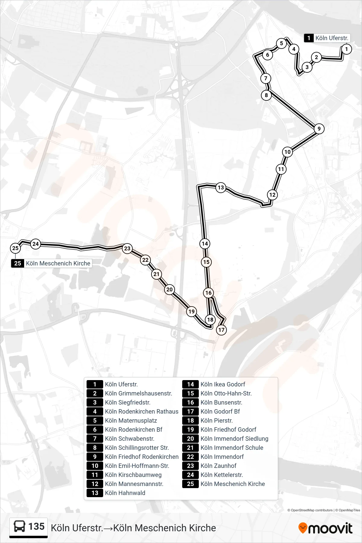 Linie 135 (Bus) Richtung Köln Uferstr.‎→Köln Meschenich Kirche: Route und Haltestellen auf der Karte