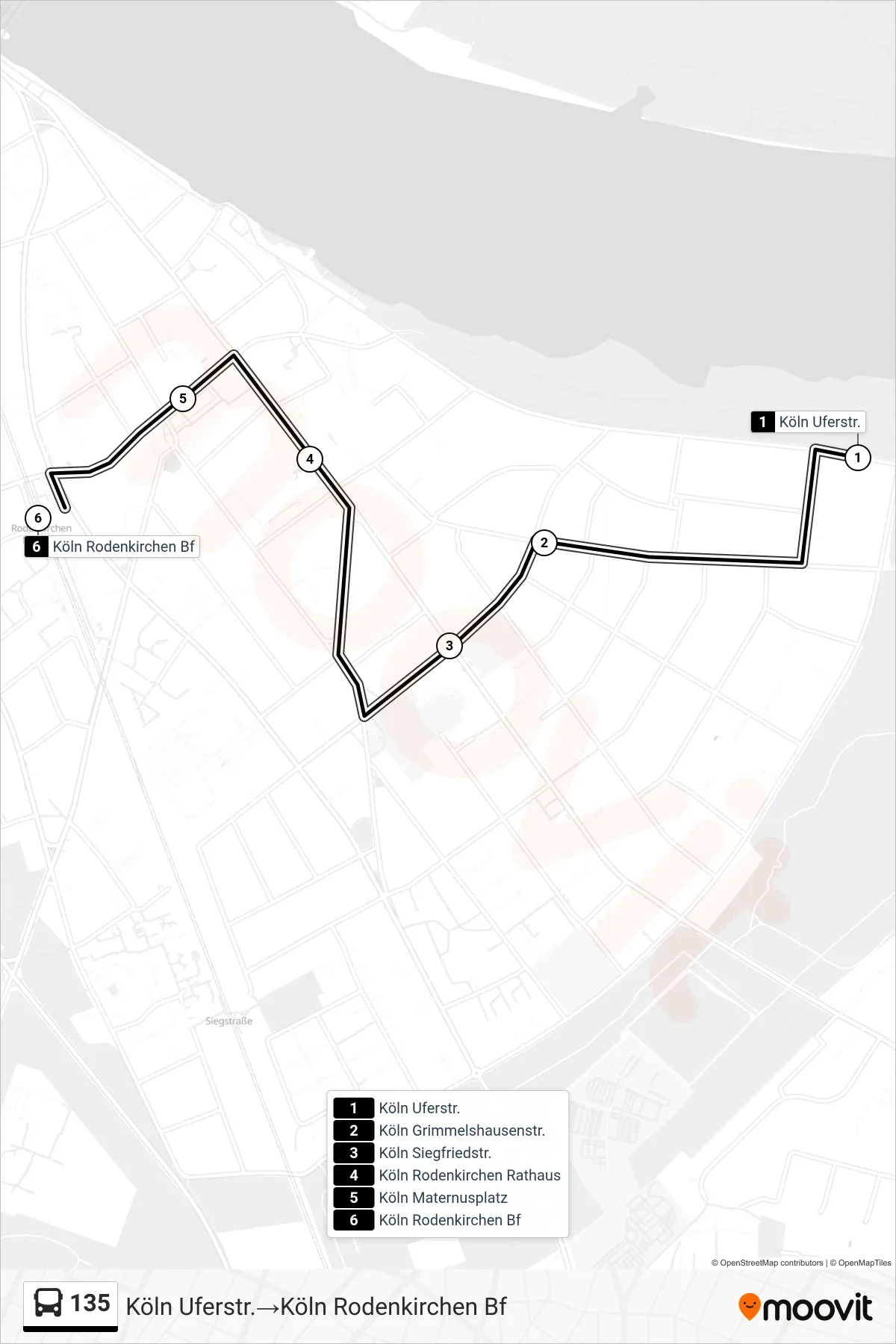 Linie 135 (Bus) Richtung Köln Uferstr.‎→Köln Rodenkirchen Bf: Route und Haltestellen auf der Karte
