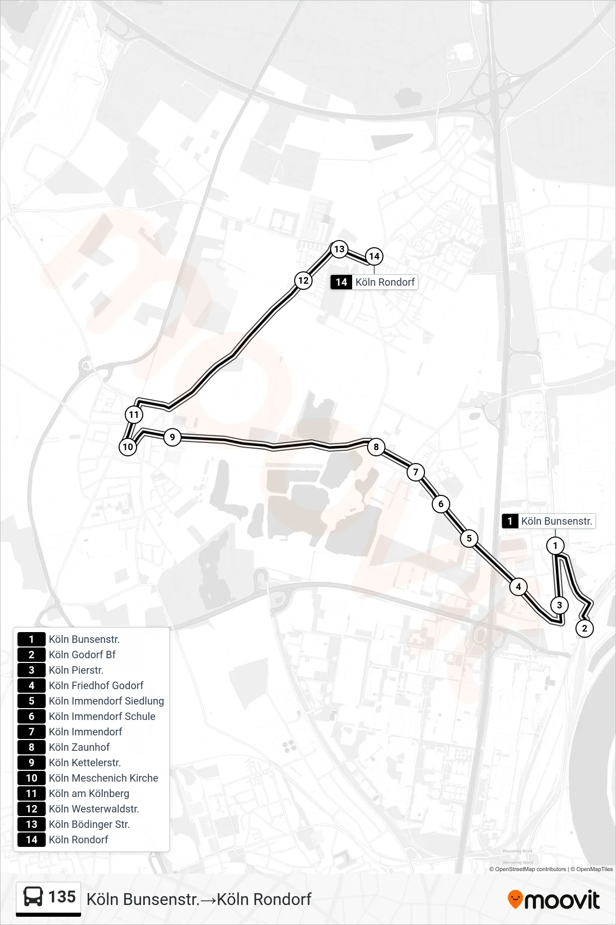 135 bus Line (Köln Bunsenstr.‎→Köln Rondorf) route and stops on a map