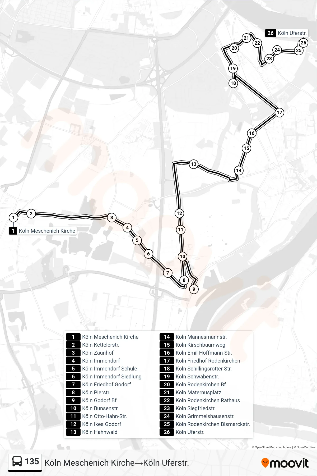 Linie 135 (Bus) Richtung Köln Meschenich Kirche→Köln Uferstr.: Route und Haltestellen auf der Karte