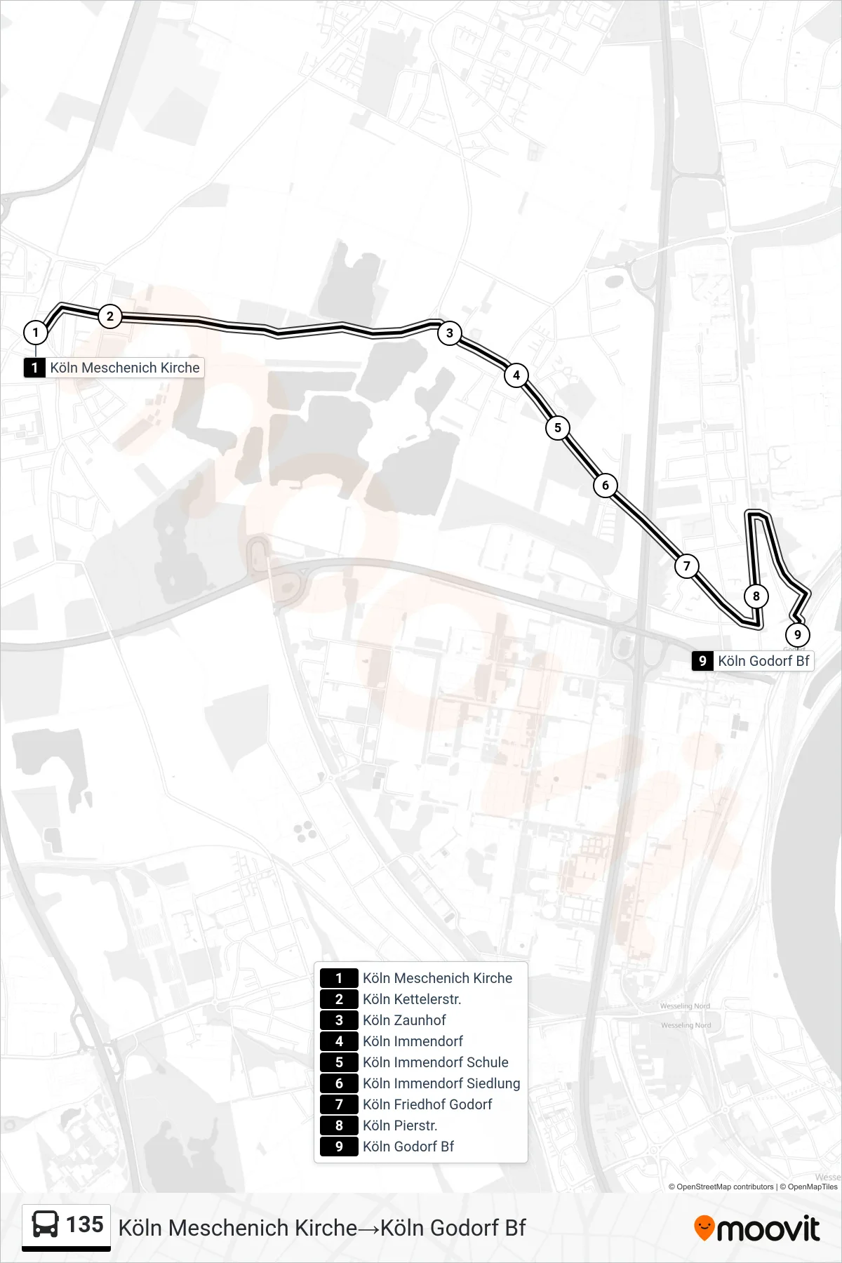 135 bus Line (Köln Meschenich Kirche→Köln Godorf Bf) route and stops on a map