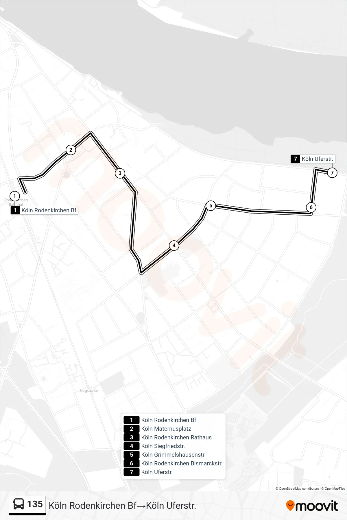 Linie 135 (Bus) Richtung Köln Rodenkirchen Bf→Köln Uferstr.: Route und Haltestellen auf der Karte
