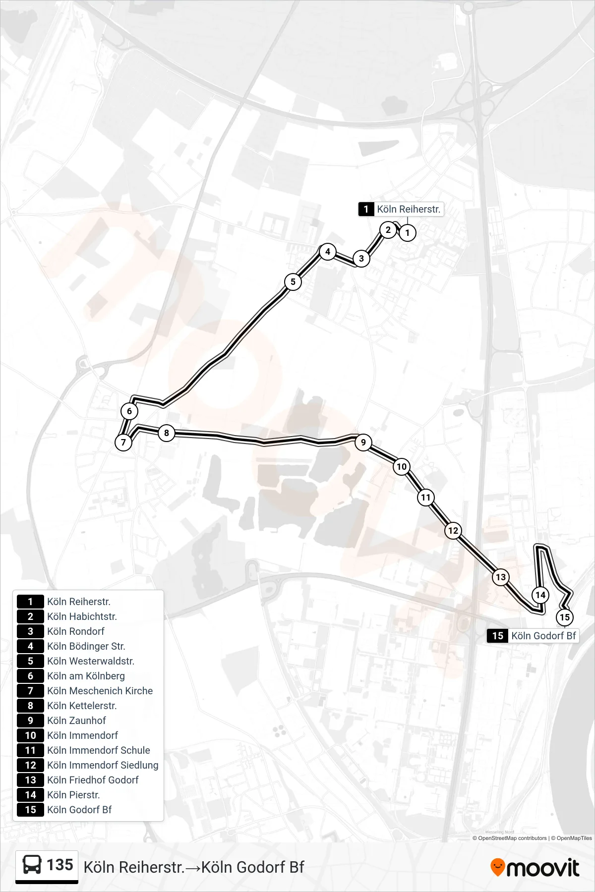135 bus Line (Köln Reiherstr.‎→Köln Godorf Bf) route and stops on a map