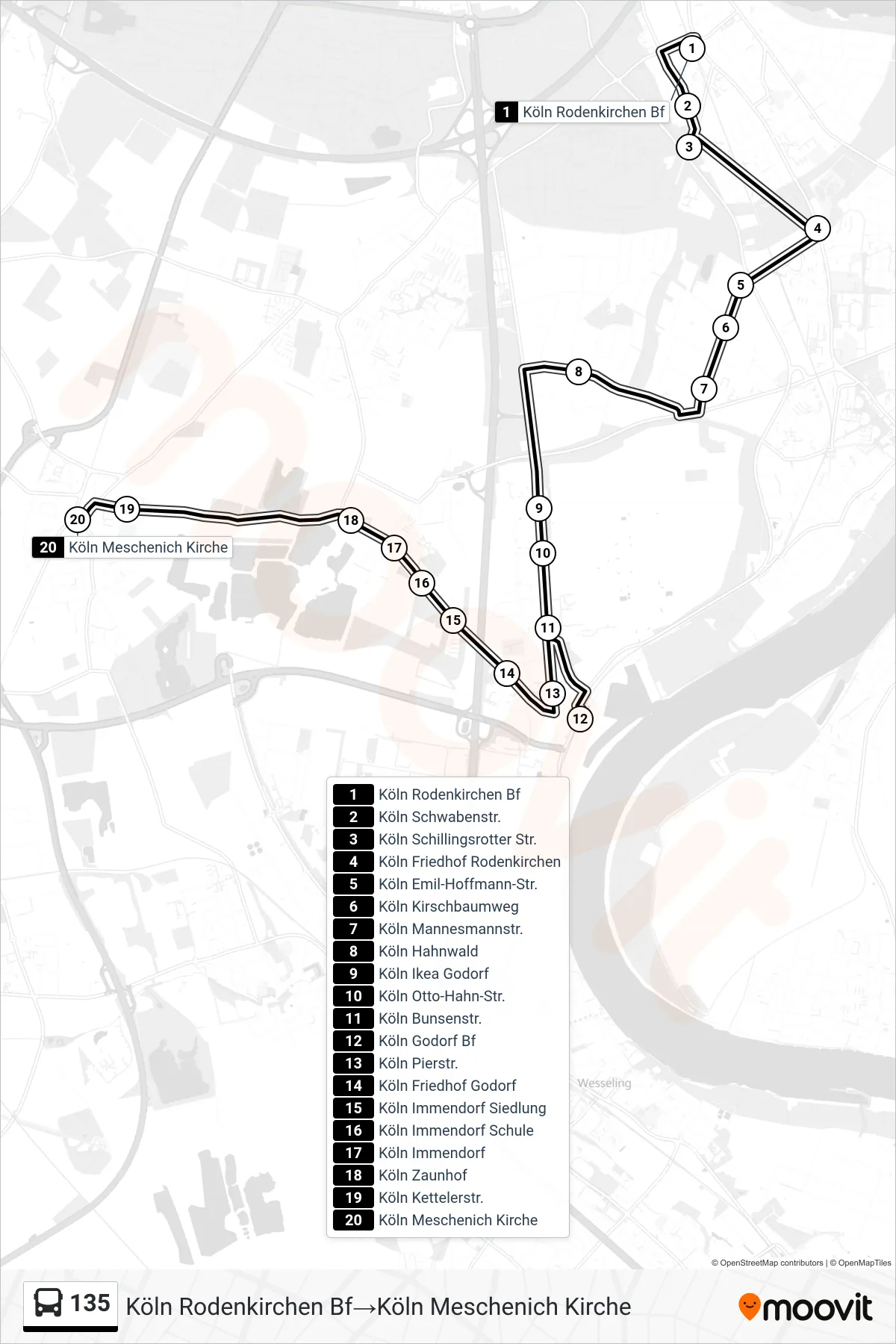 Linie 135 (Bus) Richtung Köln Rodenkirchen Bf‎→Köln Meschenich Kirche: Route und Haltestellen auf der Karte