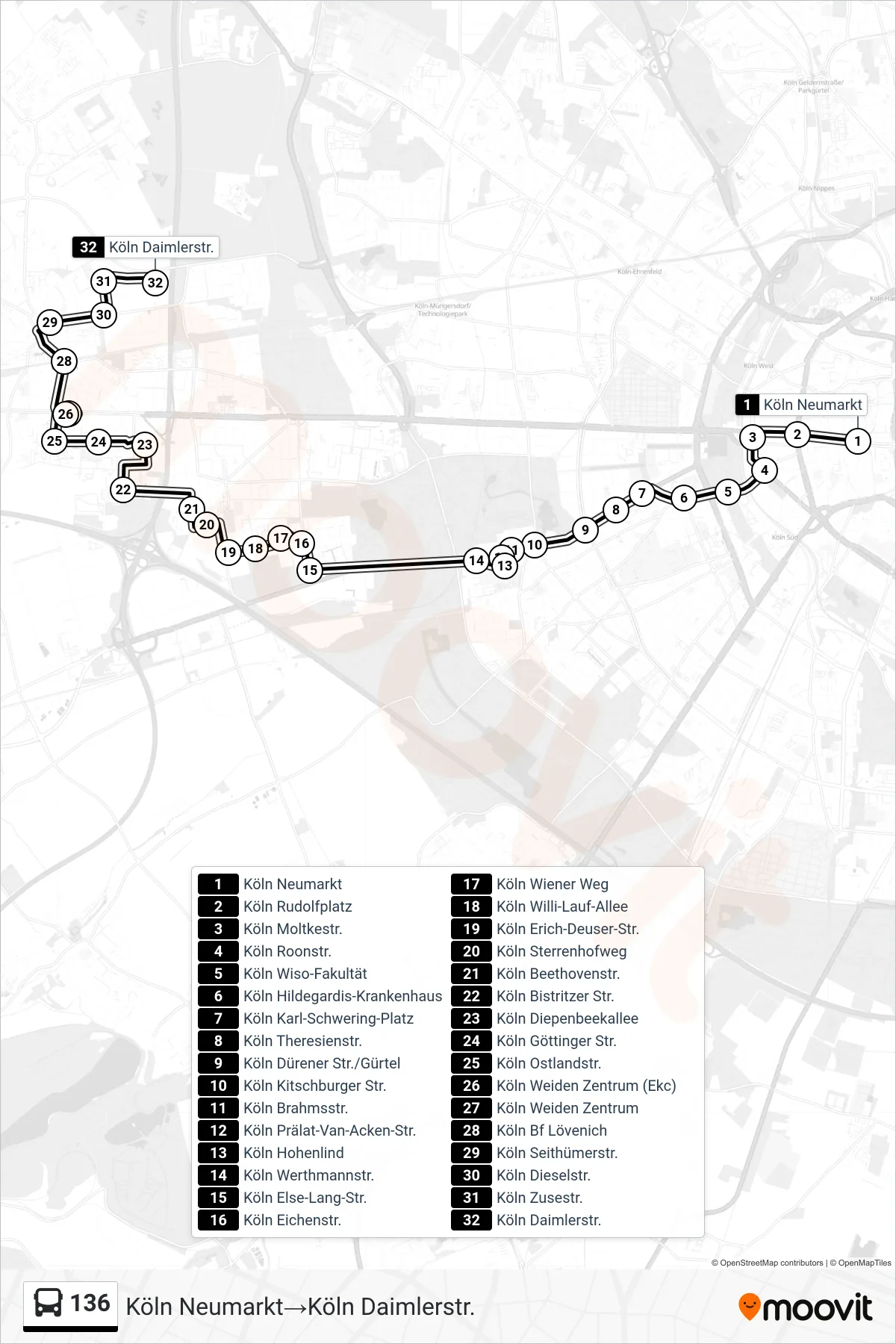 136 bus Line (Köln Neumarkt→Köln Daimlerstr.) route and stops on a map