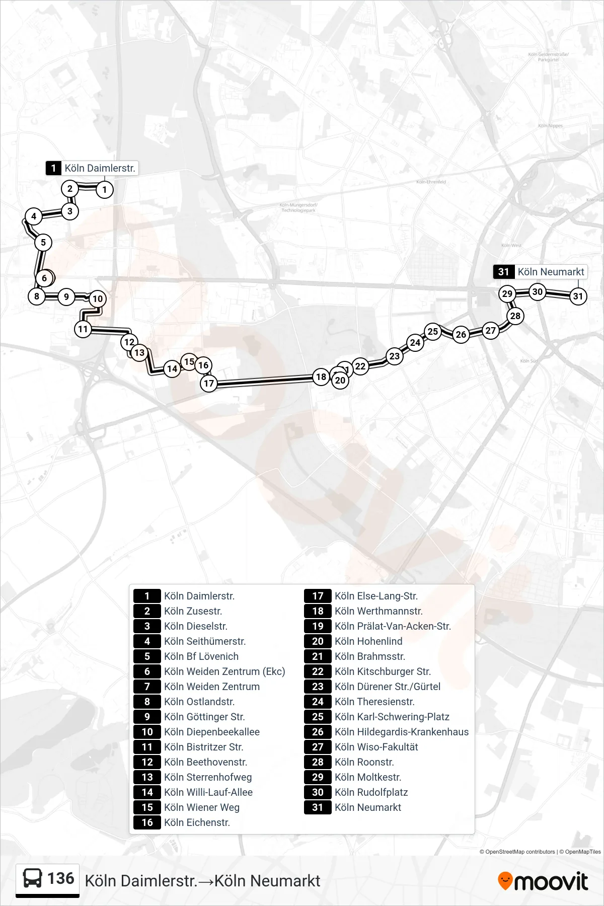 Linie 136 (Bus) Richtung Köln Daimlerstr.→Köln Neumarkt: Route und Haltestellen auf der Karte