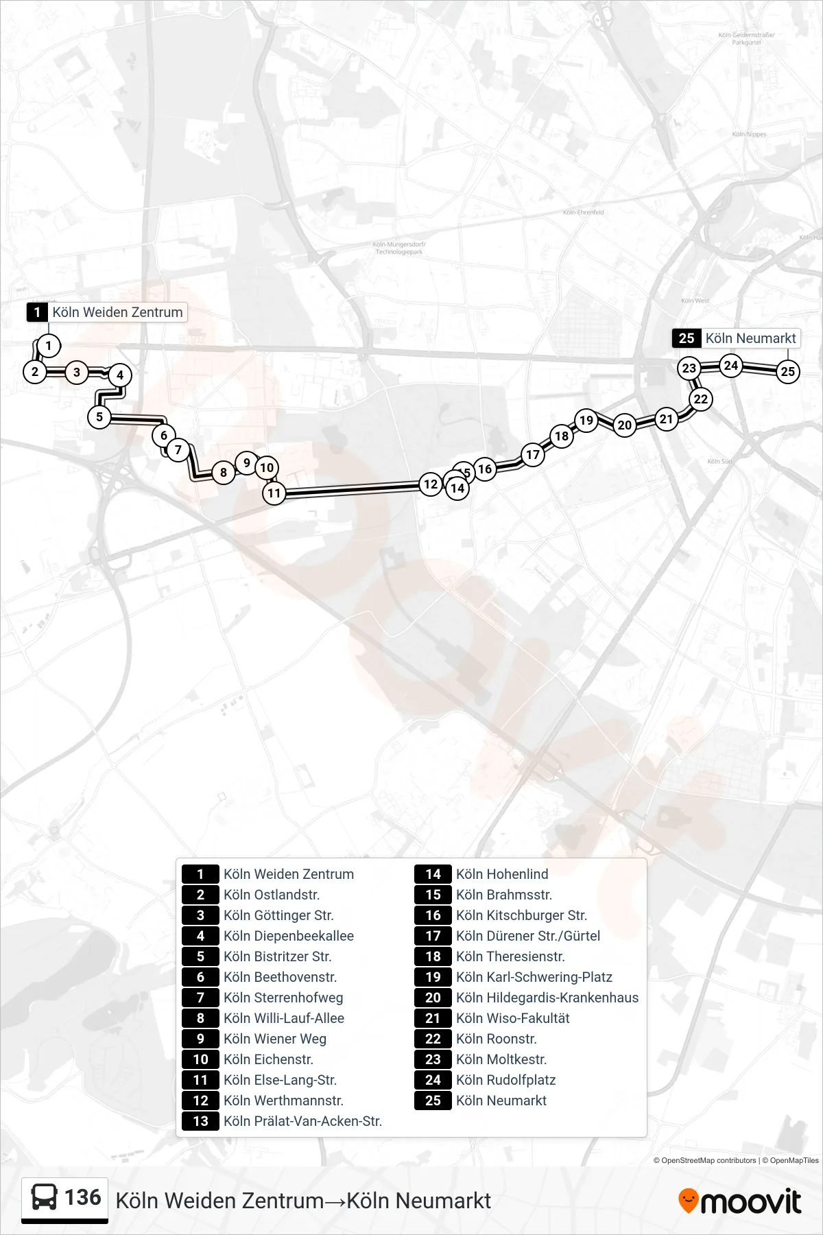 Linie 136 (Bus) Richtung Köln Weiden Zentrum‎→Köln Neumarkt: Route und Haltestellen auf der Karte