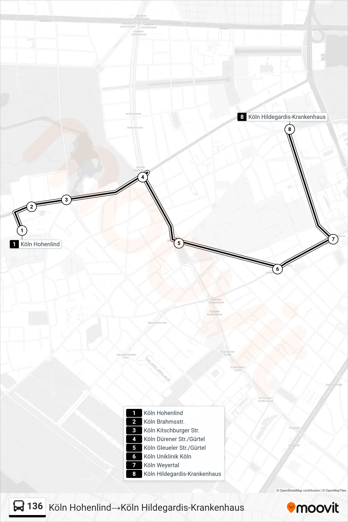 Linie 136 (Bus) Richtung Köln Hohenlind‎→Köln Hildegardis-Krankenhaus: Route und Haltestellen auf der Karte