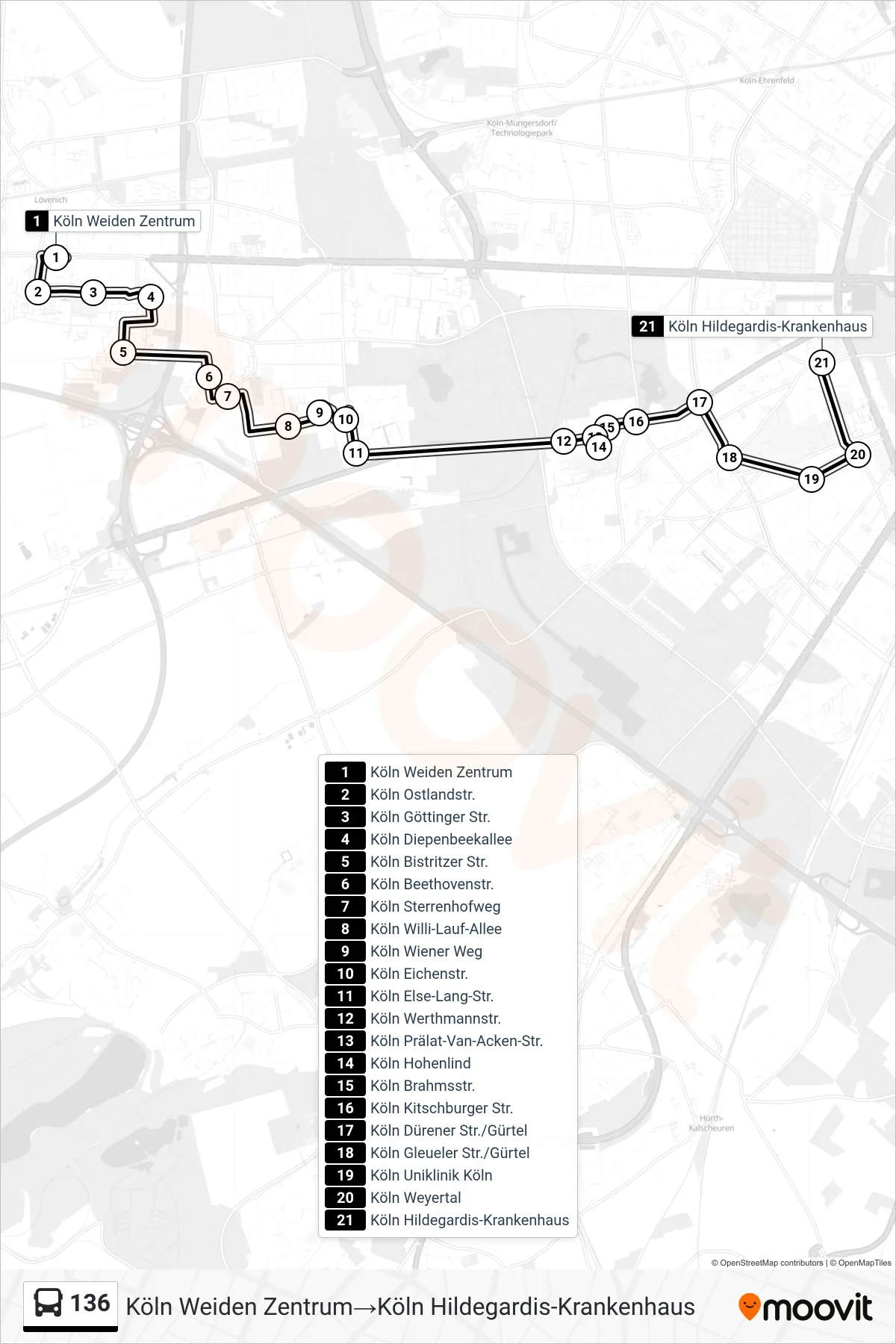 Linie 136 (Bus) Richtung Köln Weiden Zentrum‎→Köln Hildegardis-Krankenhaus: Route und Haltestellen auf der Karte