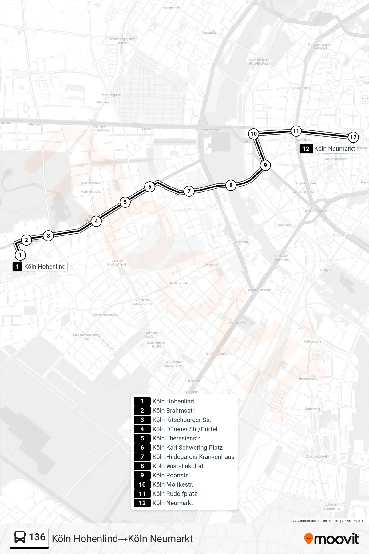 Linie 136 (Bus) Richtung Köln Hohenlind→Köln Neumarkt: Route und Haltestellen auf der Karte