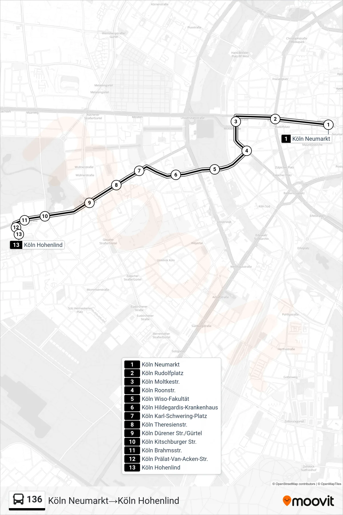 Linie 136 (Bus) Richtung Köln Neumarkt‎→Köln Hohenlind: Route und Haltestellen auf der Karte