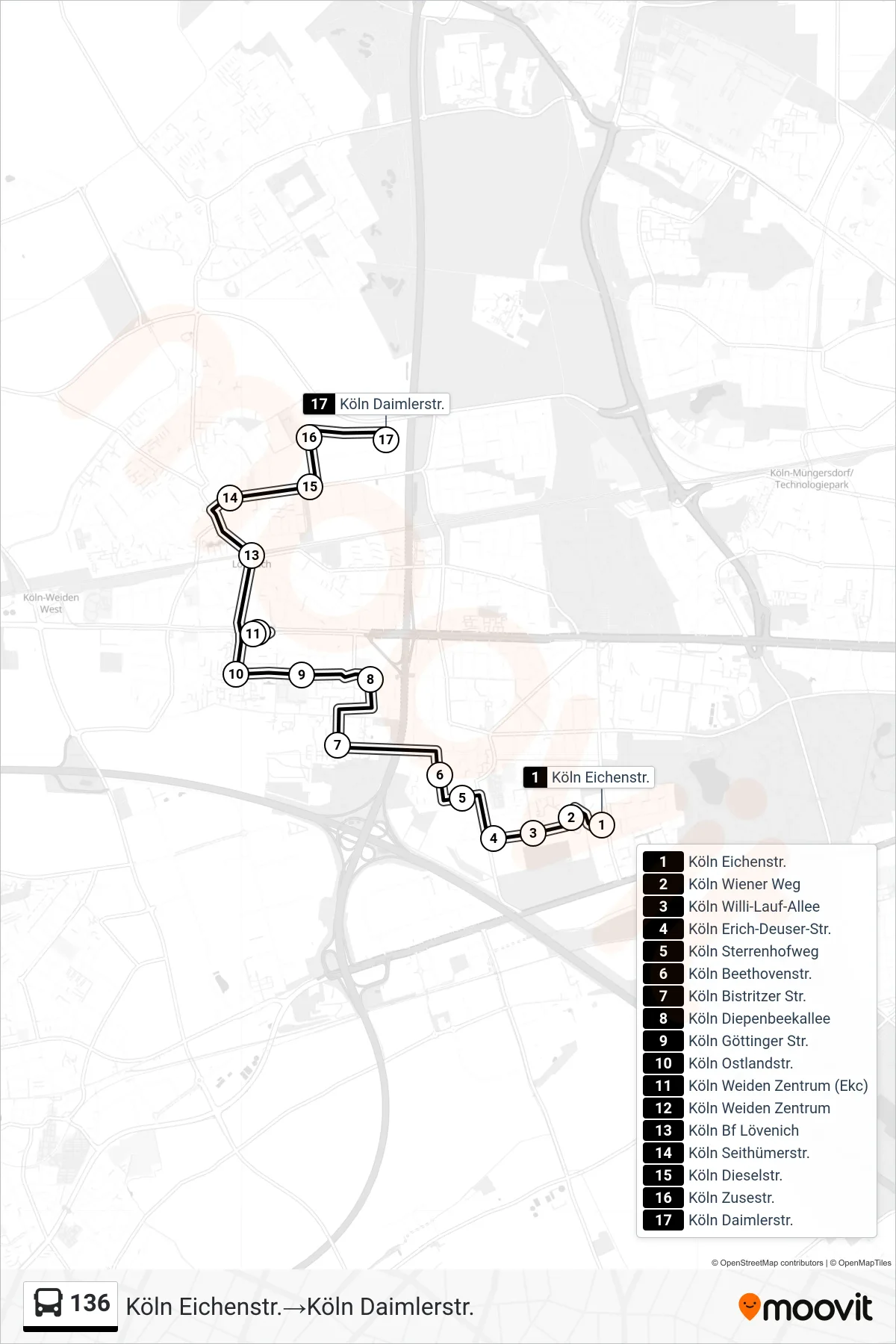 Linie 136 (Bus) Richtung Köln Eichenstr.→Köln Daimlerstr.: Route und Haltestellen auf der Karte