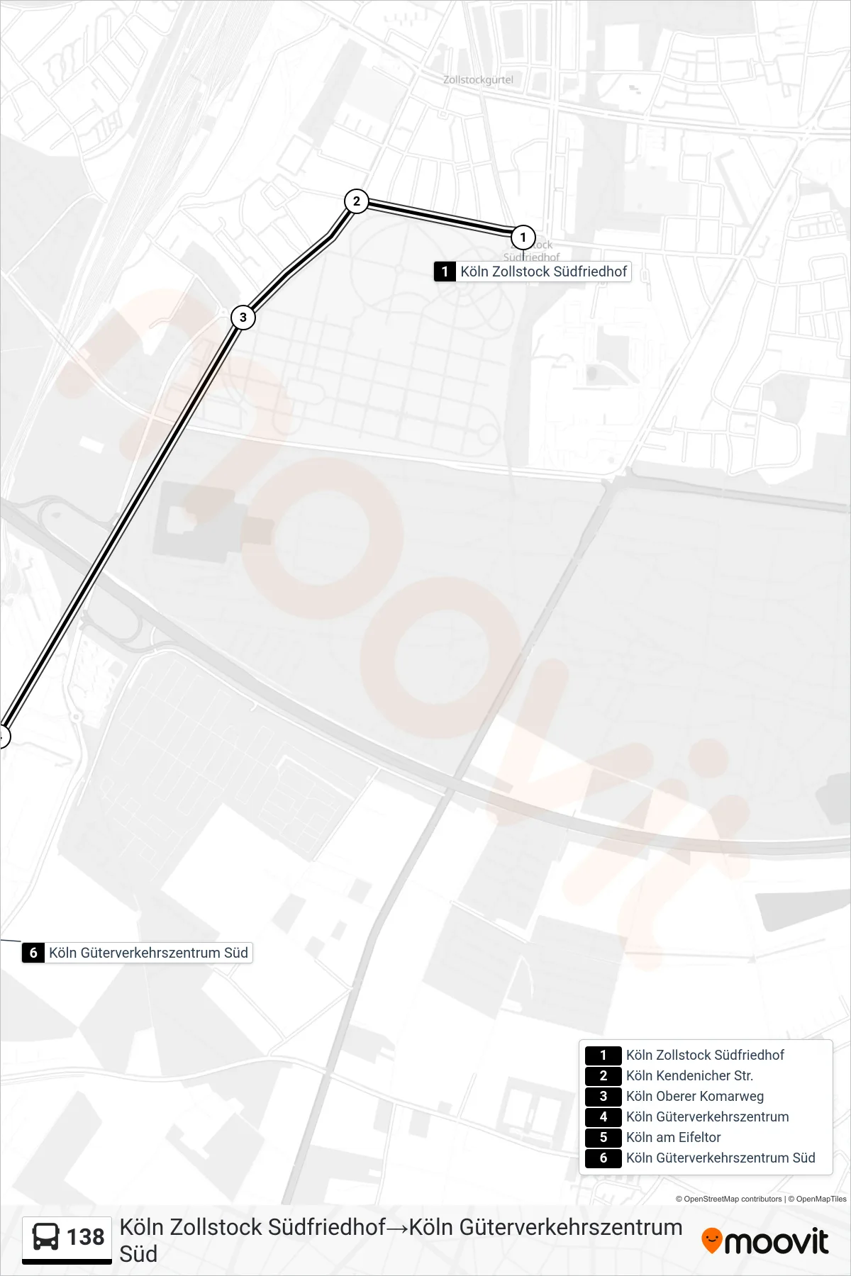 Linie 138 (Bus) Richtung Köln Zollstock Südfriedhof→Köln Güterverkehrszentrum Süd: Route und Haltestellen auf der Karte
