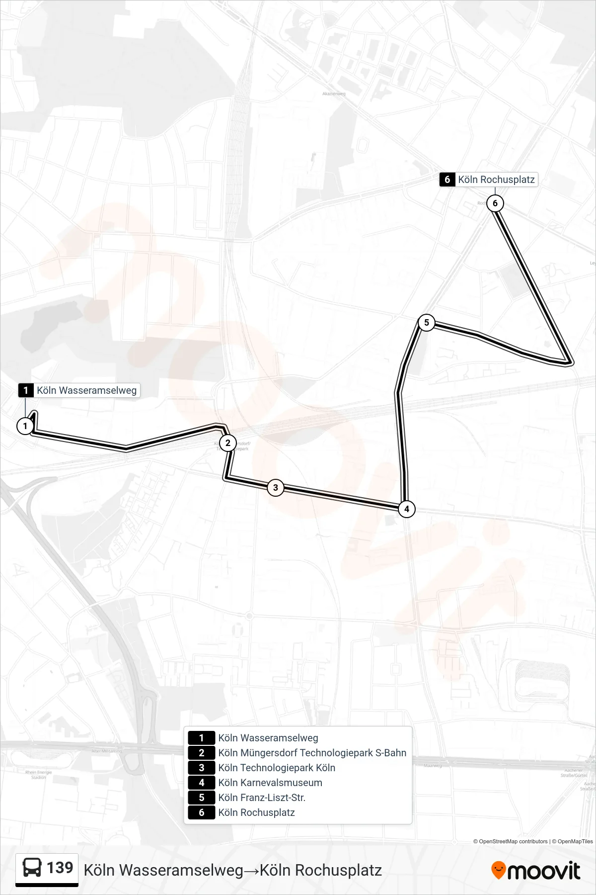 139 bus Line (Köln Wasseramselweg→Köln Rochusplatz) route and stops on a map