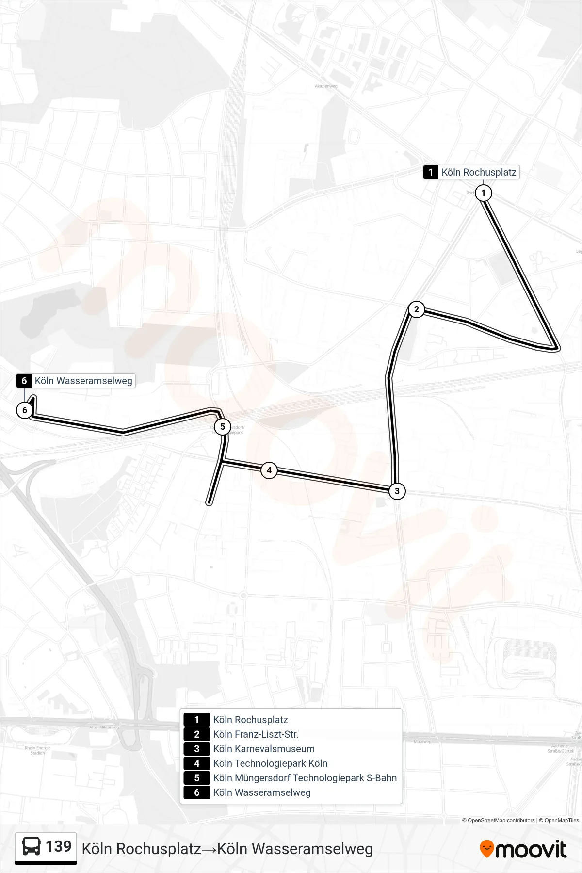 139 bus Line (Köln Rochusplatz→Köln Wasseramselweg) route and stops on a map