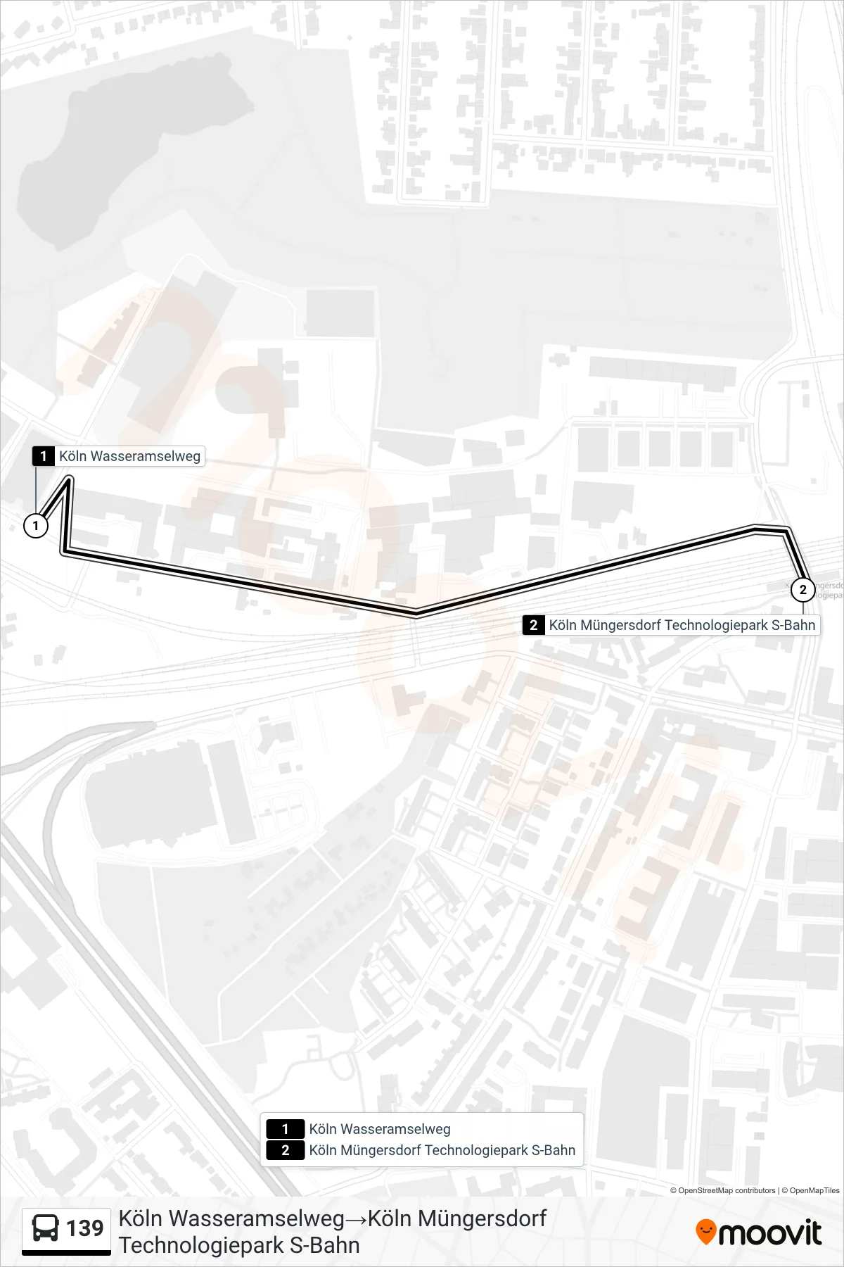 Linie 139 (Bus) Richtung Köln Wasseramselweg‎→Köln Müngersdorf Technologiepark S-Bahn: Route und Haltestellen auf der Karte