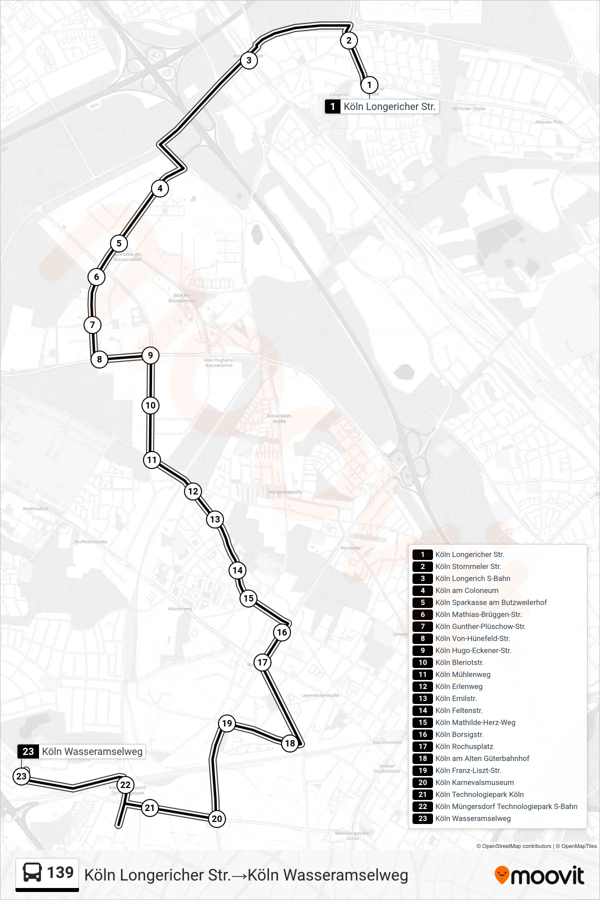 Linie 139 (Bus) Richtung Köln Longericher Str.‎→Köln Wasseramselweg: Route und Haltestellen auf der Karte