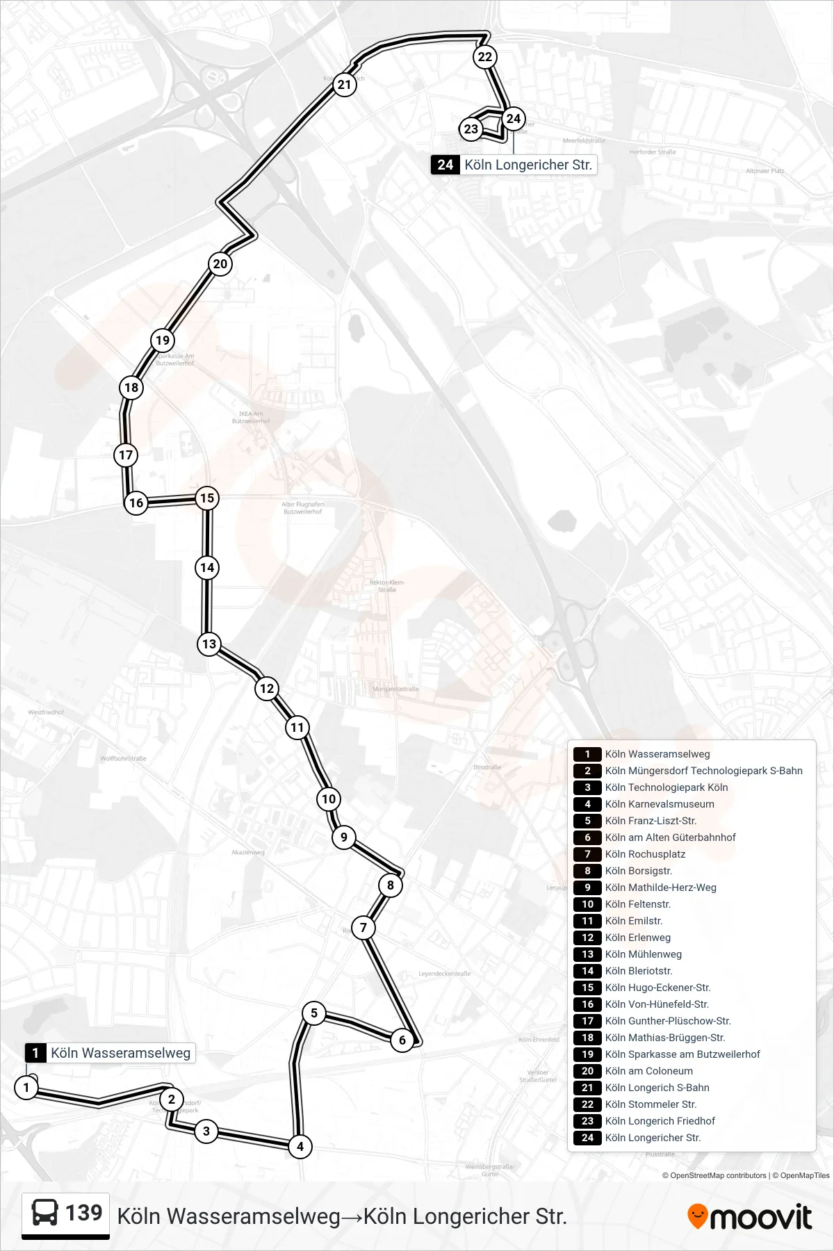 Linie 139 (Bus) Richtung Köln Wasseramselweg‎→Köln Longericher Str.: Route und Haltestellen auf der Karte