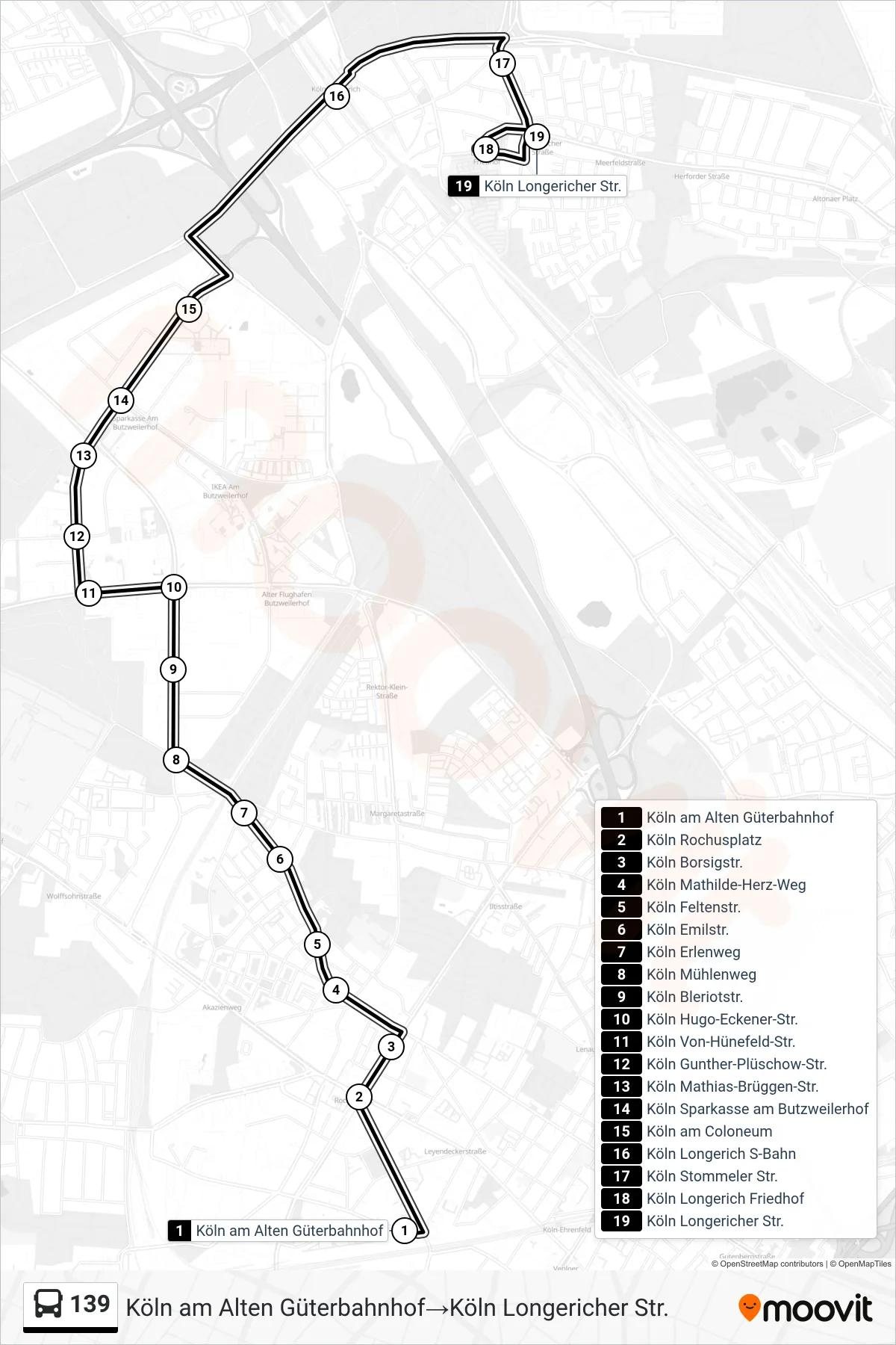 Linie 139 (Bus) Richtung Köln am Alten Güterbahnhof→Köln Longericher Str.: Route und Haltestellen auf der Karte