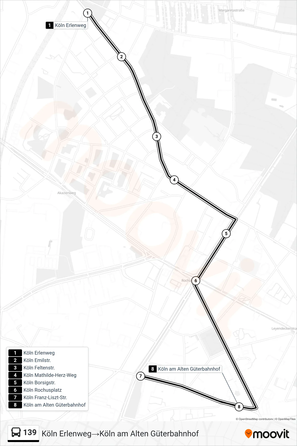 Linie 139 (Bus) Richtung Köln Erlenweg‎→Köln am Alten Güterbahnhof: Route und Haltestellen auf der Karte