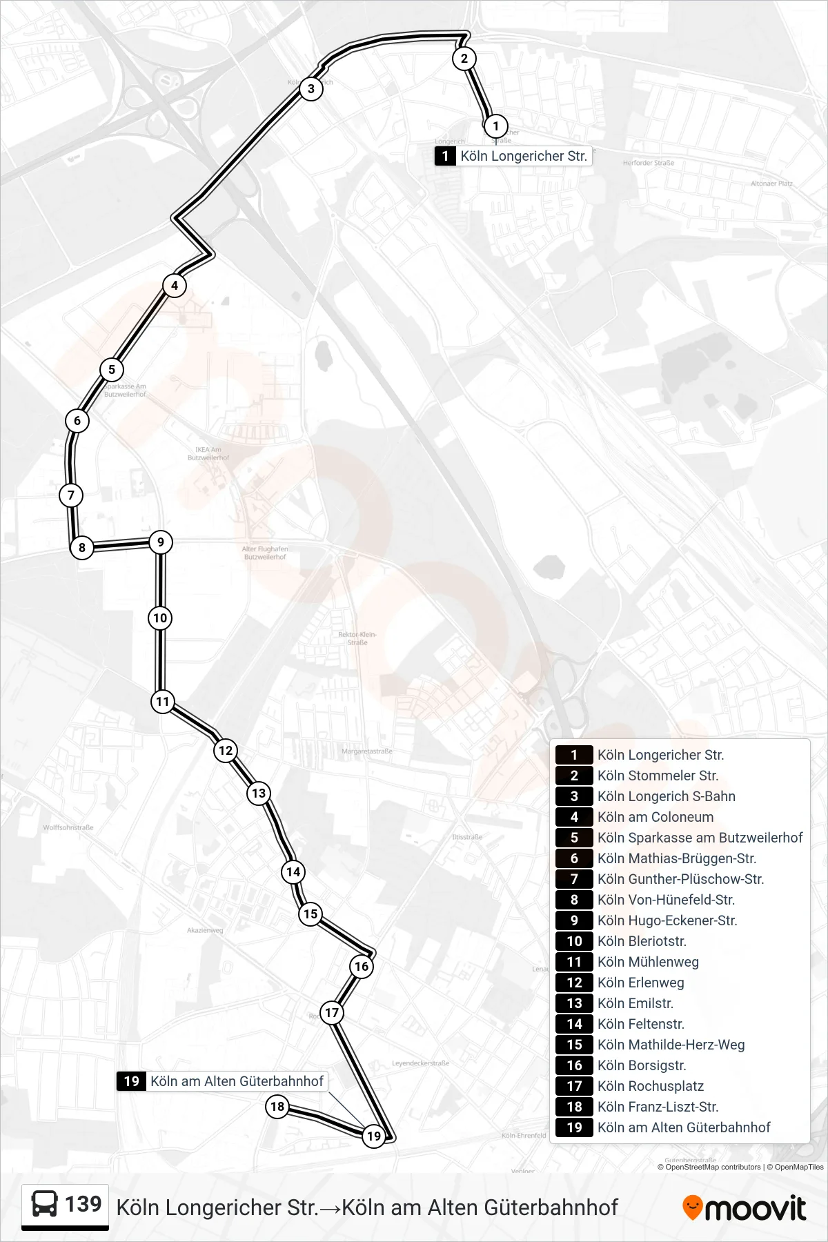 Linie 139 (Bus) Richtung Köln Longericher Str.‎→Köln am Alten Güterbahnhof: Route und Haltestellen auf der Karte