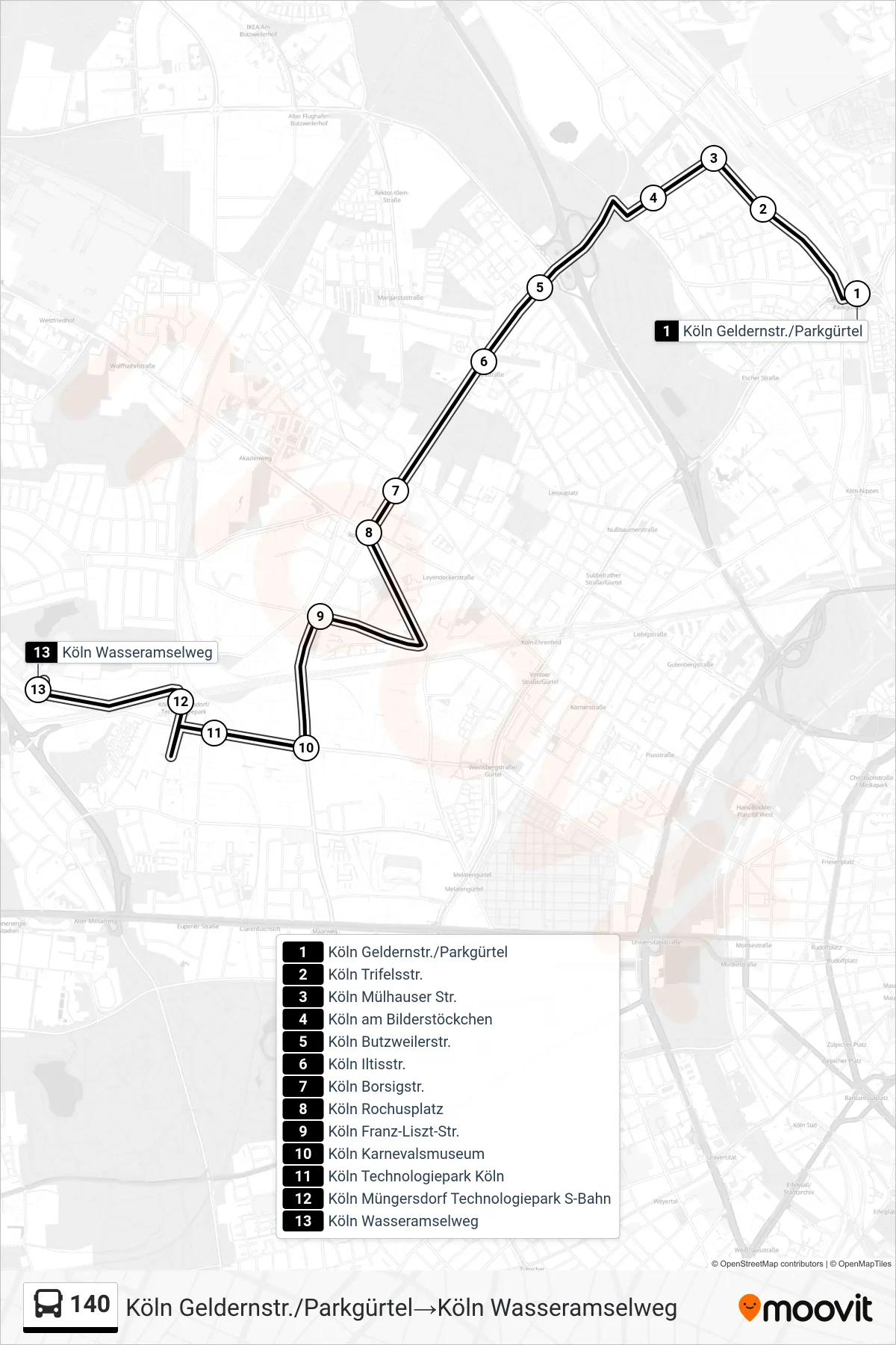 Linie 140 (Bus) Richtung Köln Geldernstr./Parkgürtel→Köln Wasseramselweg: Route und Haltestellen auf der Karte