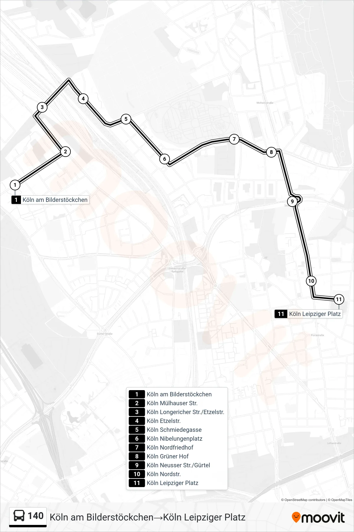 Linie 140 (Bus) Richtung Köln am Bilderstöckchen‎→Köln Leipziger Platz: Route und Haltestellen auf der Karte