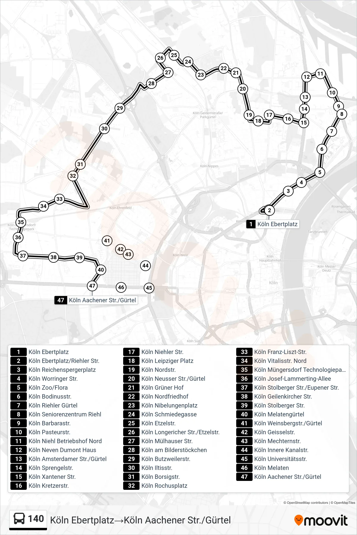 Linie 140 (Bus) Richtung Köln Ebertplatz→Köln Aachener Str./Gürtel: Route und Haltestellen auf der Karte