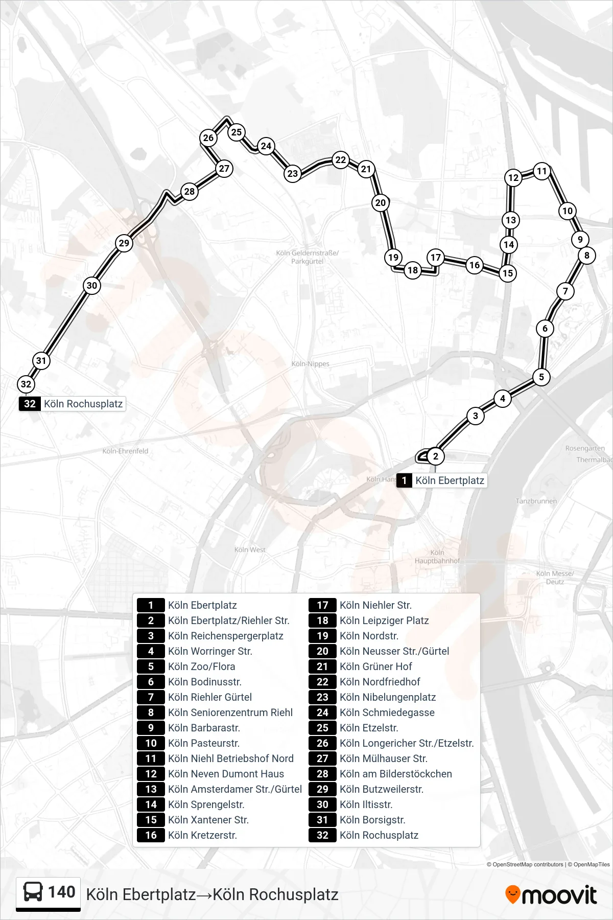 140 bus Line (Köln Ebertplatz→Köln Rochusplatz) route and stops on a map