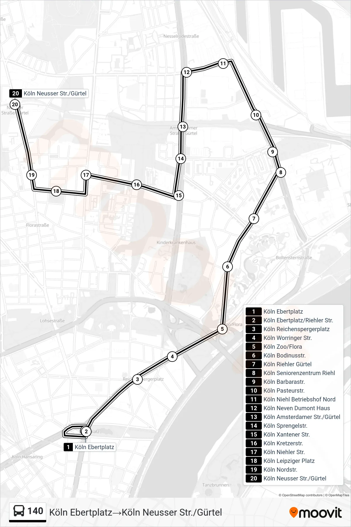 140 bus Line (Köln Ebertplatz‎→Köln Neusser Str./Gürtel) route and stops on a map