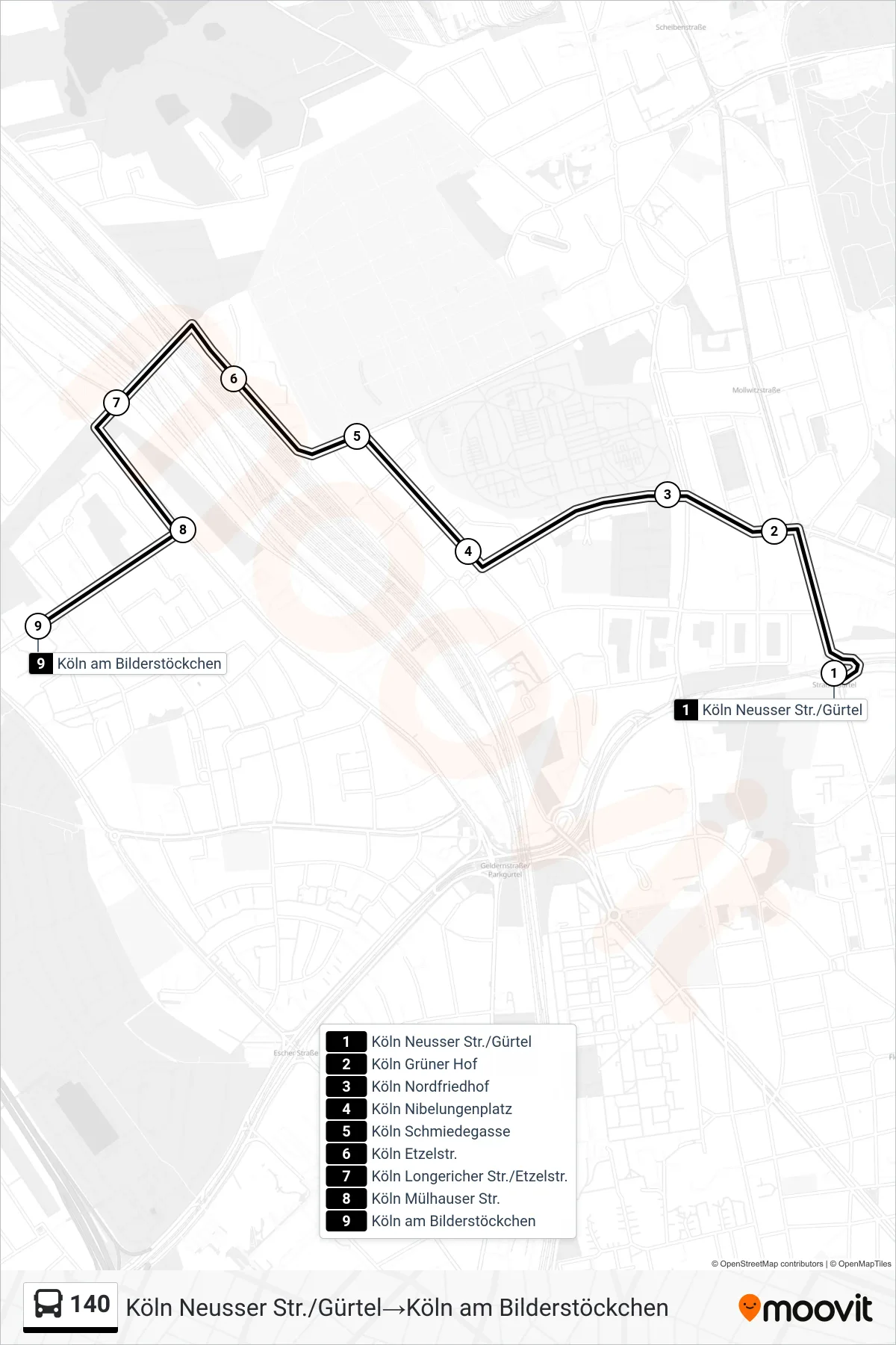 Linie 140 (Bus) Richtung Köln Neusser Str./Gürtel‎→Köln am Bilderstöckchen: Route und Haltestellen auf der Karte