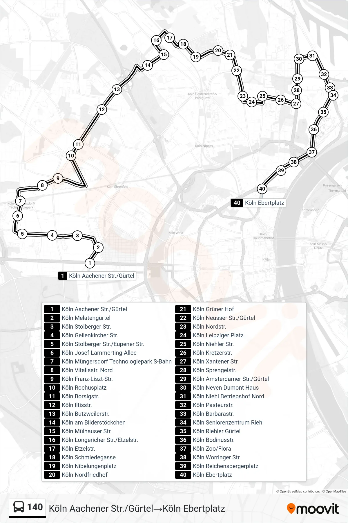 Linie 140 (Bus) Richtung Köln Aachener Str./Gürtel→Köln Ebertplatz: Route und Haltestellen auf der Karte