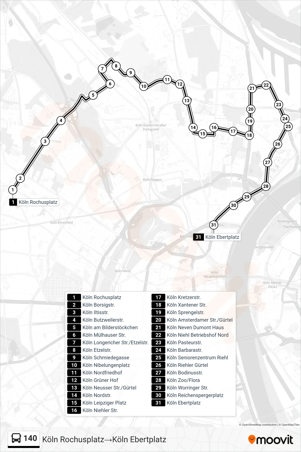 Linie 140 (Bus) Richtung Köln Rochusplatz‎→Köln Ebertplatz: Route und Haltestellen auf der Karte