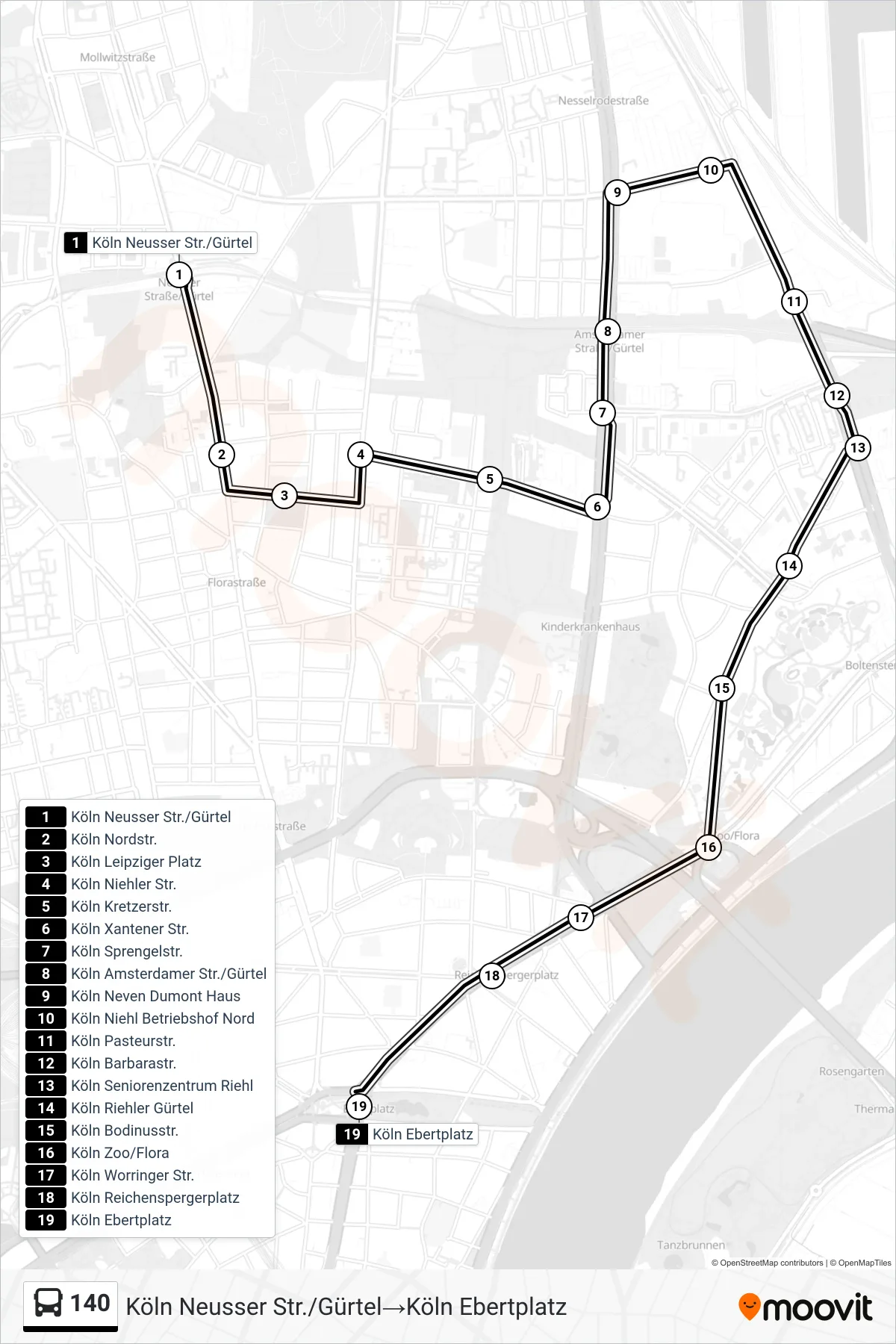 Linie 140 (Bus) Richtung Köln Neusser Str./Gürtel‎→Köln Ebertplatz: Route und Haltestellen auf der Karte
