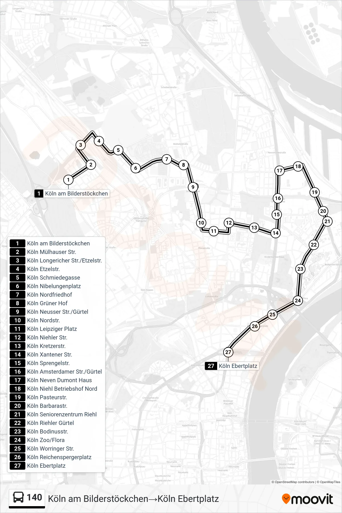 Linie 140 (Bus) Richtung Köln am Bilderstöckchen‎→Köln Ebertplatz: Route und Haltestellen auf der Karte
