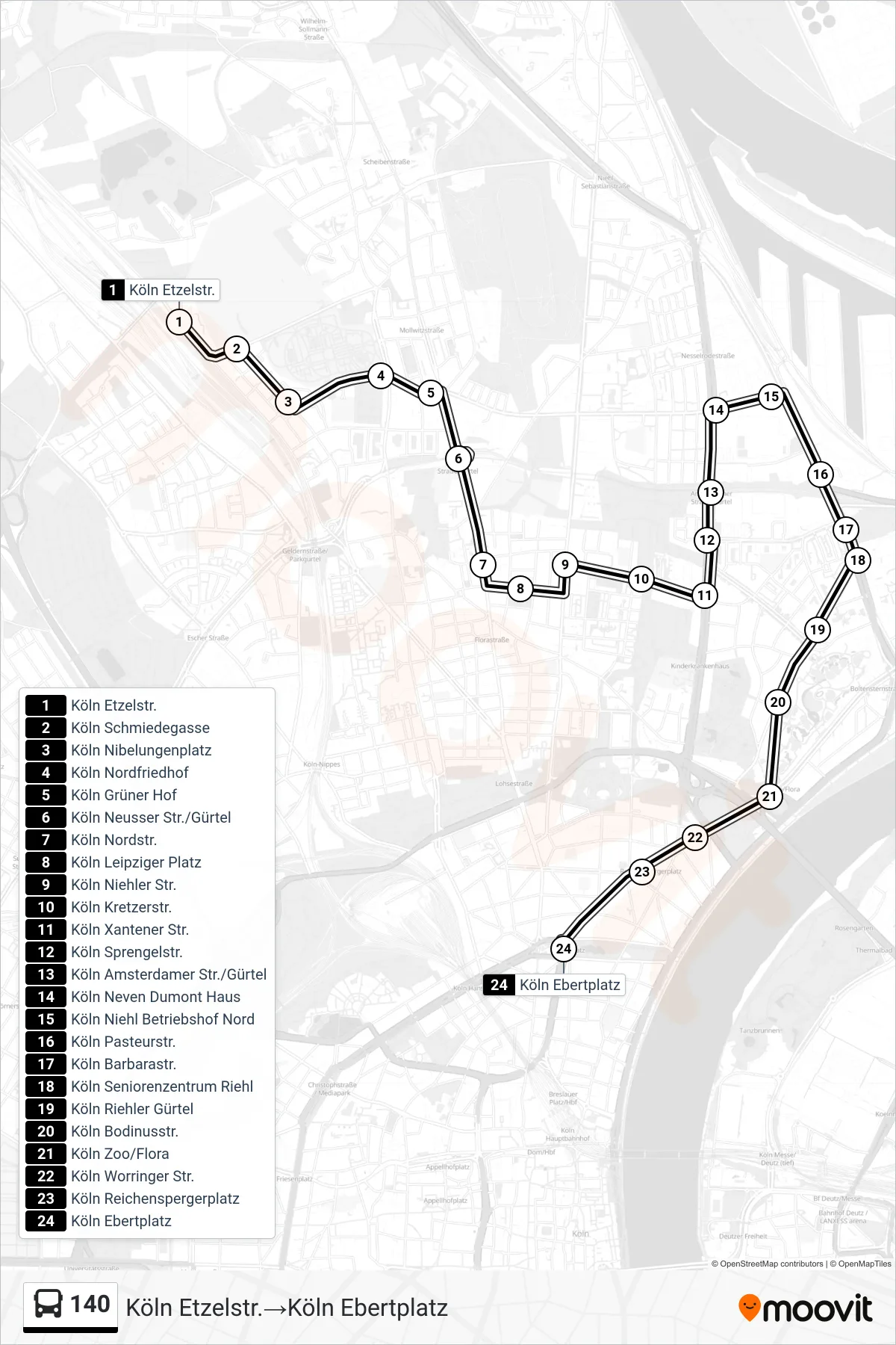 Linie 140 (Bus) Richtung Köln Etzelstr.→Köln Ebertplatz: Route und Haltestellen auf der Karte