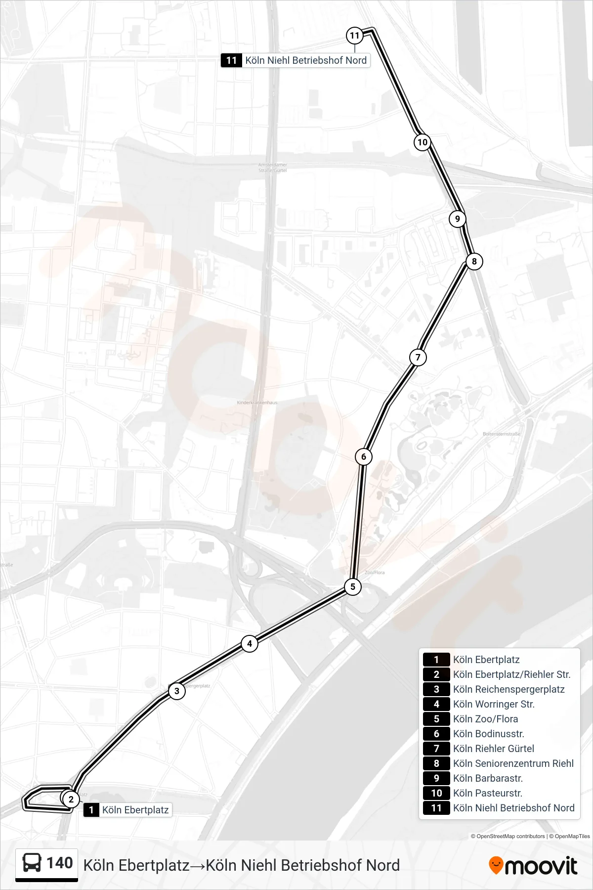 Linie 140 (Bus) Richtung Köln Ebertplatz‎→Köln Niehl Betriebshof Nord: Route und Haltestellen auf der Karte