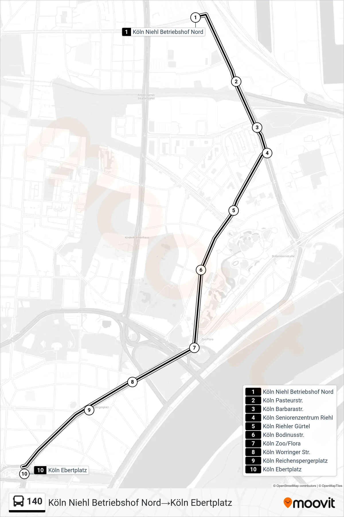 140 bus Line (Köln Niehl Betriebshof Nord‎→Köln Ebertplatz) route and stops on a map