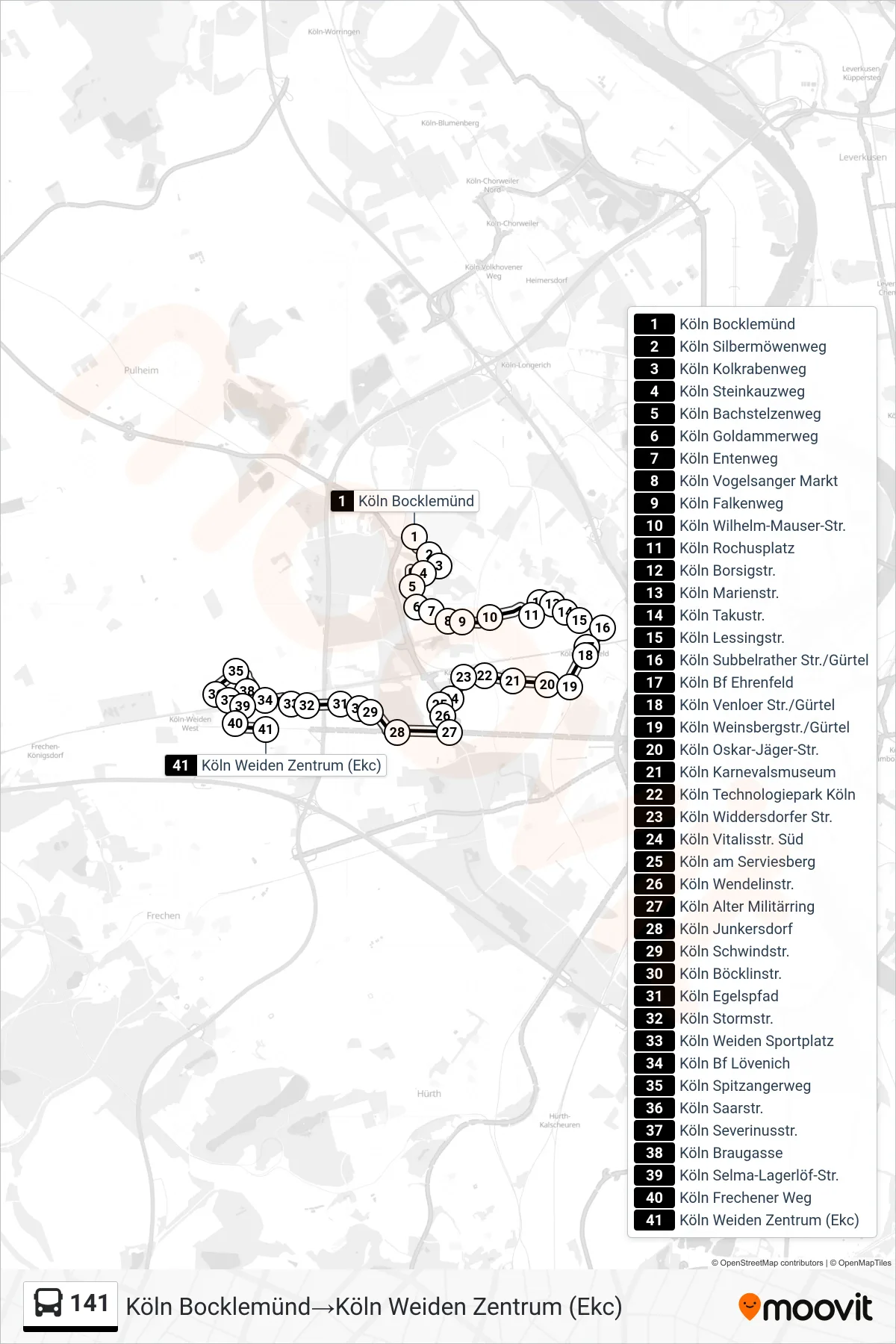 Linie 141 (Bus) Richtung Köln Bocklemünd→Köln Weiden Zentrum (Ekc): Route und Haltestellen auf der Karte