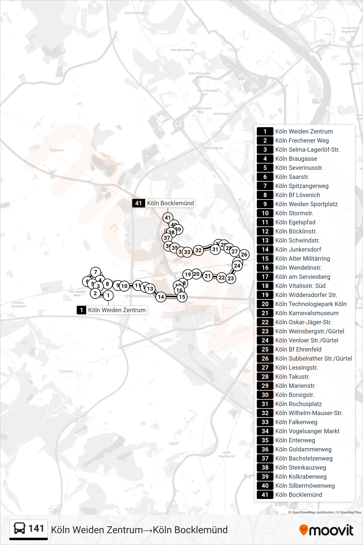 Linie 141 (Bus) Richtung Köln Weiden Zentrum‎→Köln Bocklemünd: Route und Haltestellen auf der Karte
