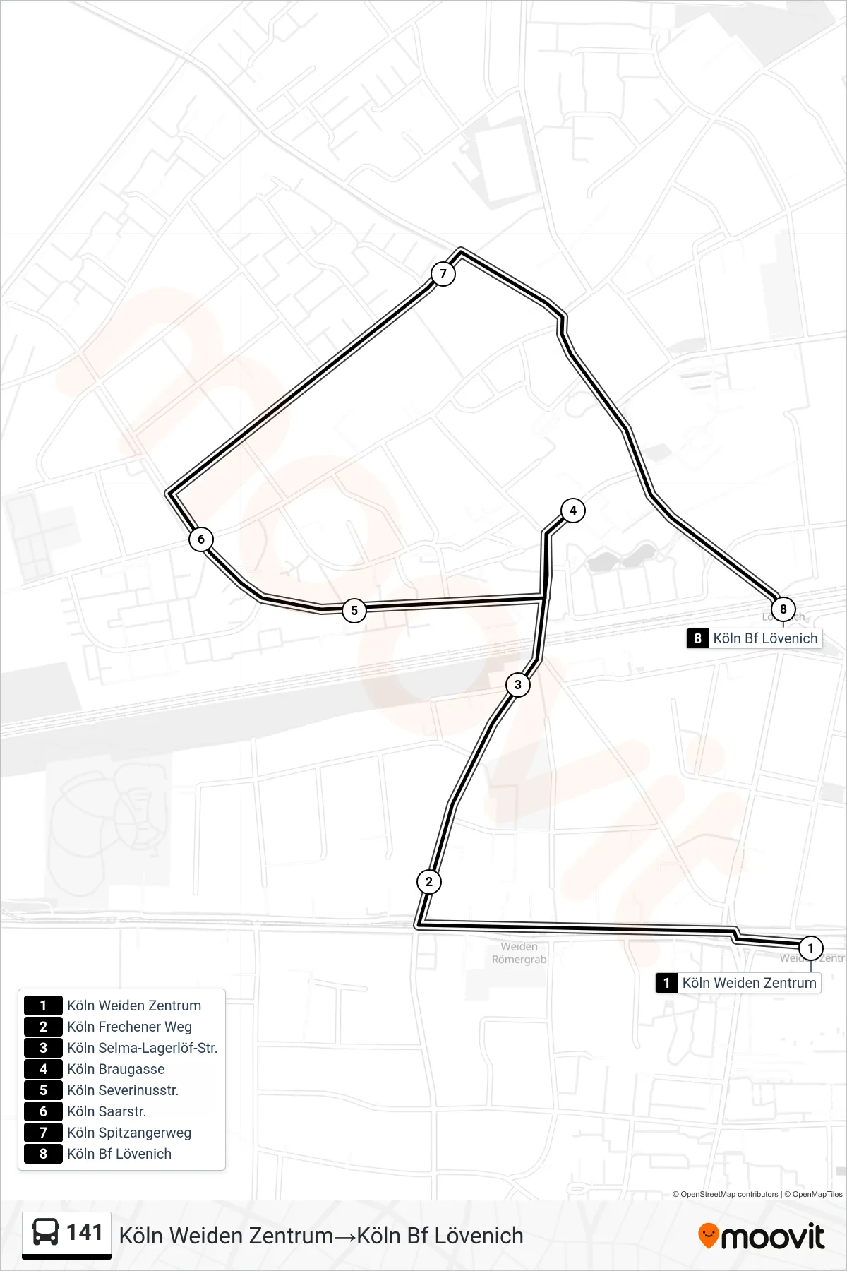 Linie 141 (Bus) Richtung Köln Weiden Zentrum‎→Köln Bf Lövenich: Route und Haltestellen auf der Karte