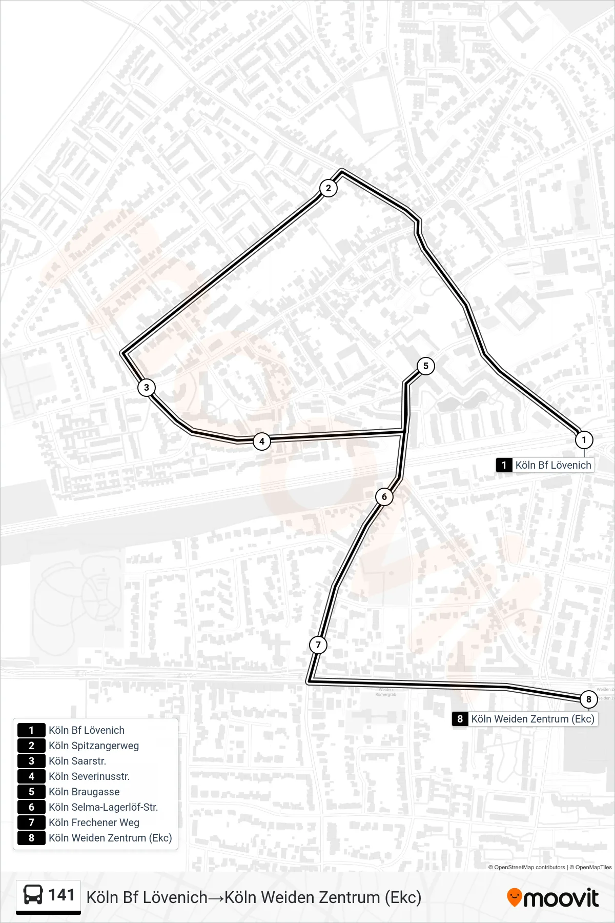 Linie 141 (Bus) Richtung Köln Bf Lövenich‎→Köln Weiden Zentrum (Ekc): Route und Haltestellen auf der Karte